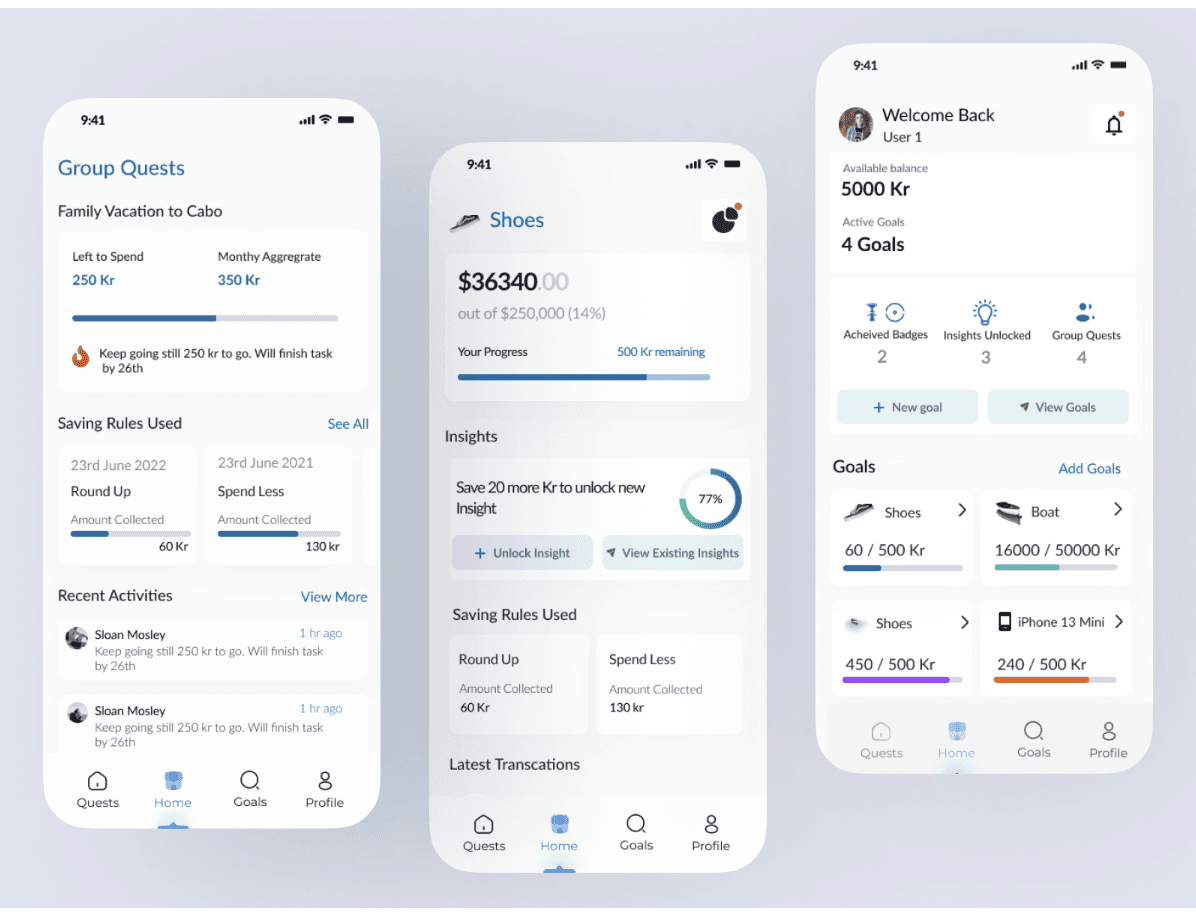 Group quest detail, a savings goal and the gamified home screen