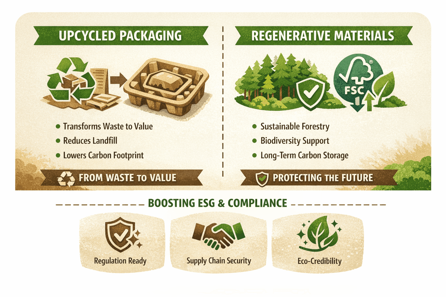 Infographic comparing upcycled packaging and regenerative materials, illustrating recycled molded fiber packaging, FSC-certified forestry, and ESG benefits such as lower carbon footprint, biodiversity support, and regulatory compliance.