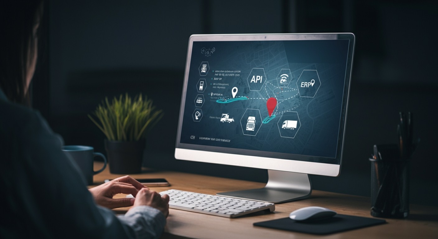 Camión de carga en carretera con un icono rojo flotante que indica alerta de interferencia GPS (Jammer), mostrando protección en tiempo real y señalización de seguridad tecnológica.