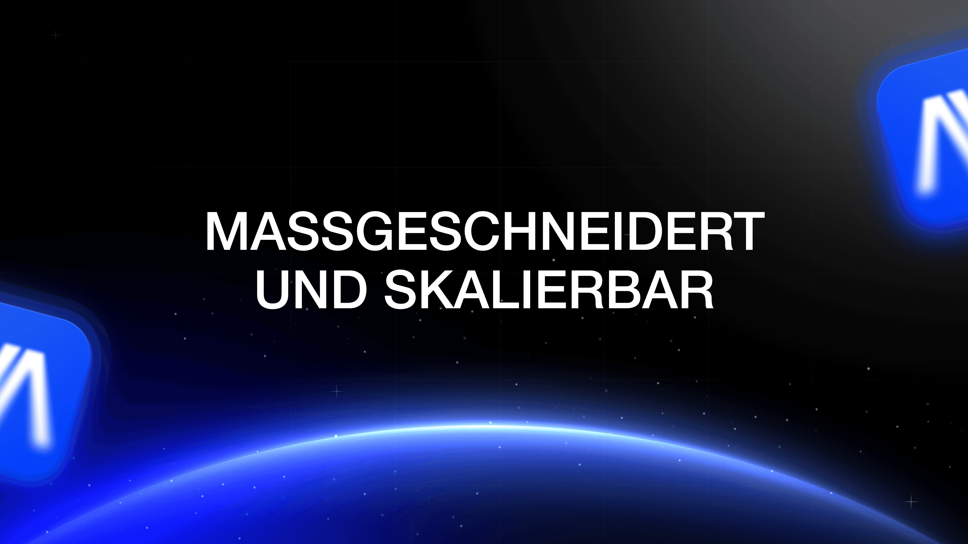 Novara Pro Werbegrafik mit Schriftzug „Massgeschneidert und Skalierter“ auf dunklem Hintergrund mit blauen Lichteffekten.