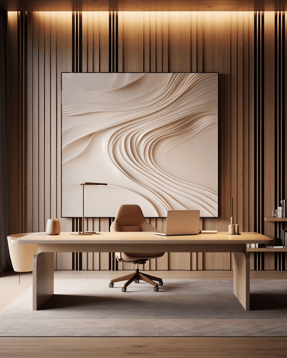 A modern hallway features vibrant teal and orange geometric and leaf patterns, with glossy tiled floors, a large rectangular light fixture, and a small shelf holding a potted plant, all leading to a large, frosted window at the end.