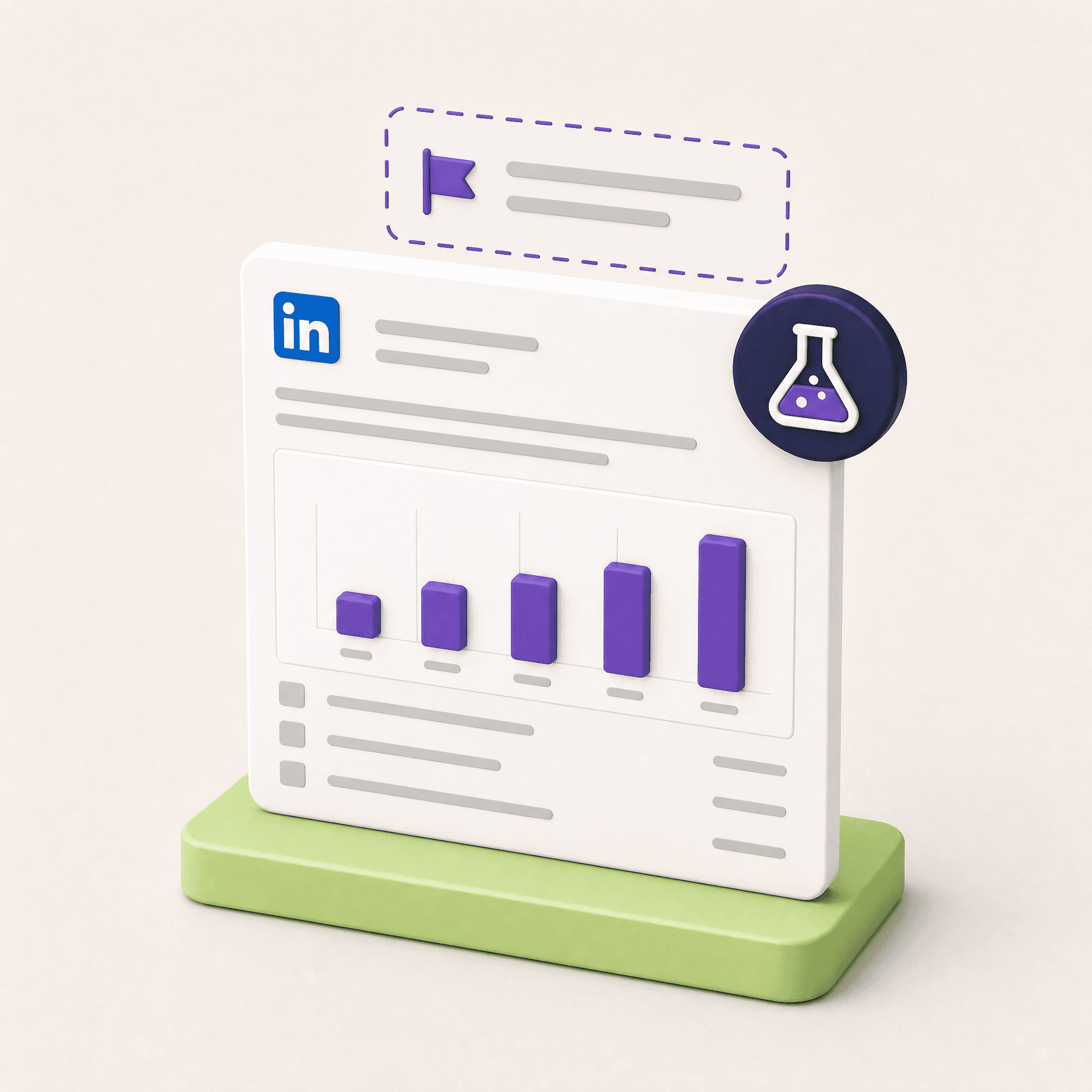 LinkedIn analytics with a dashed prototype notice and a lab flask badge: the flag alert is still a test