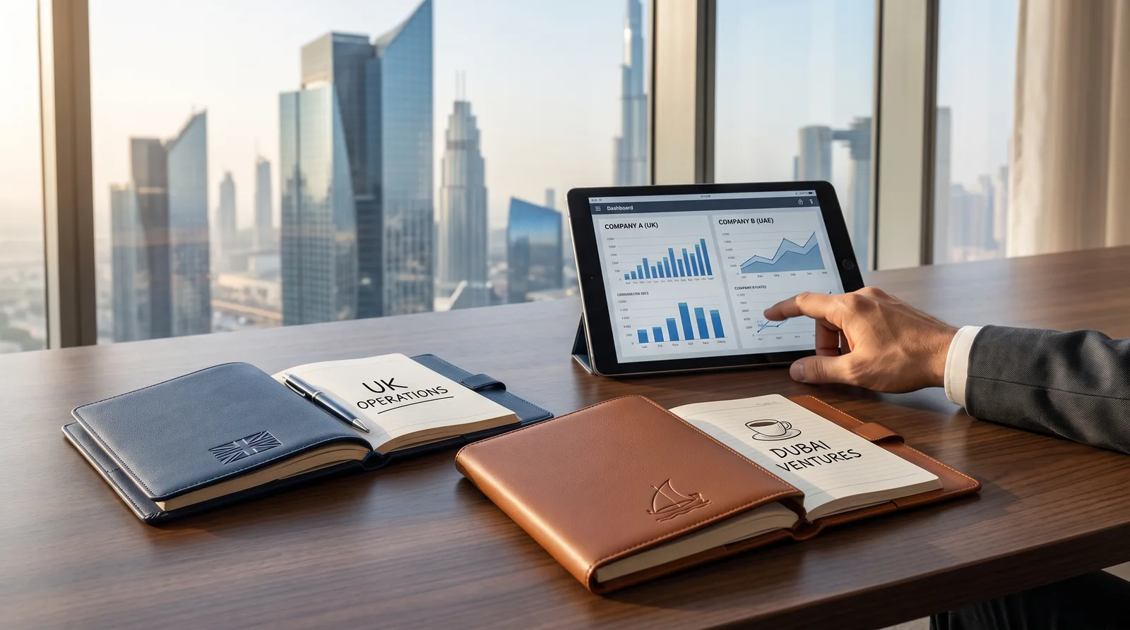 British founder planning a company move to Dubai at a modern office with the skyline behind