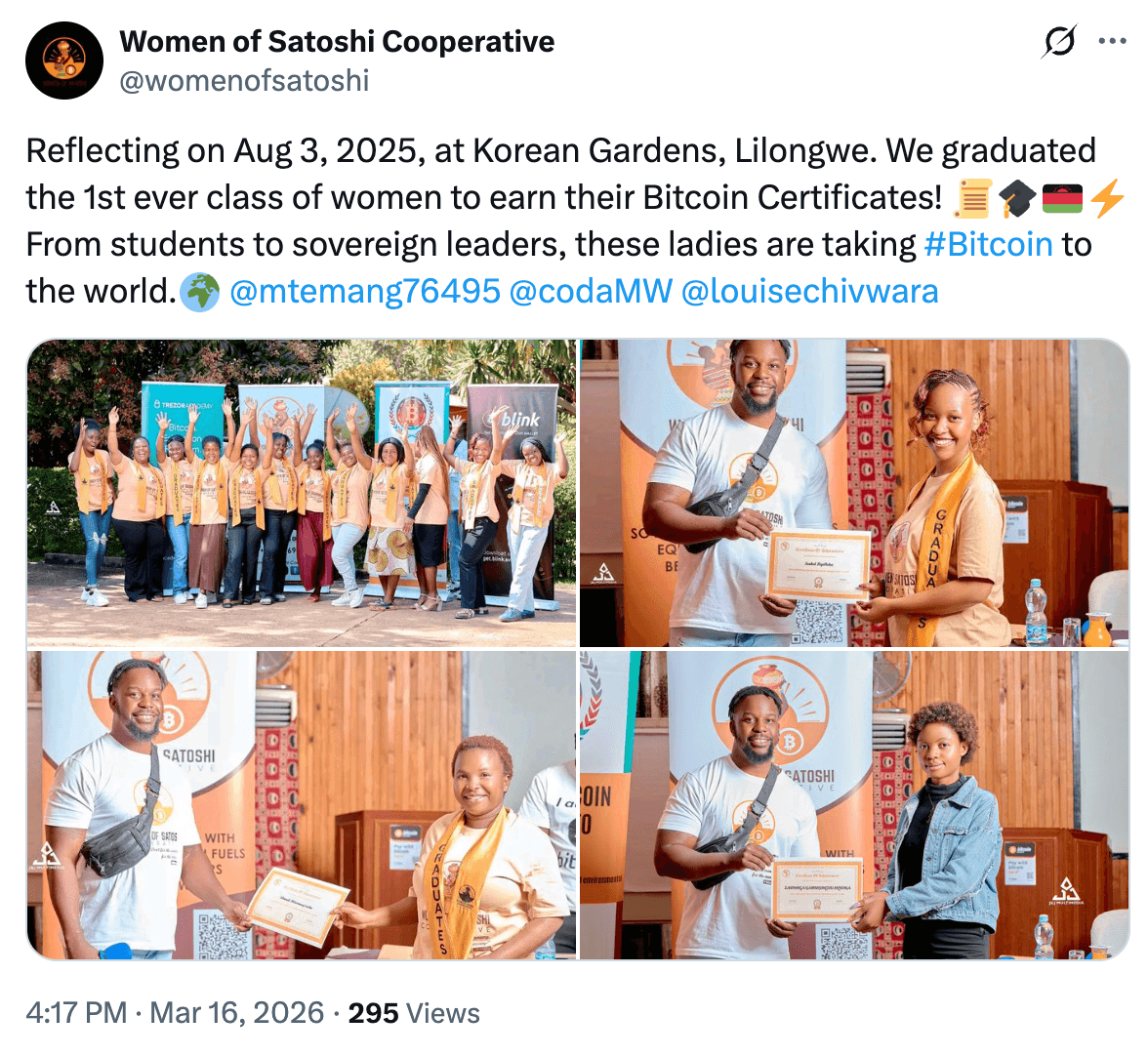 Women of Satoshi Cooperative graduates celebrating their Bitcoin certificates at Korean Gardens, Lilongwe, Malawi in August 2025