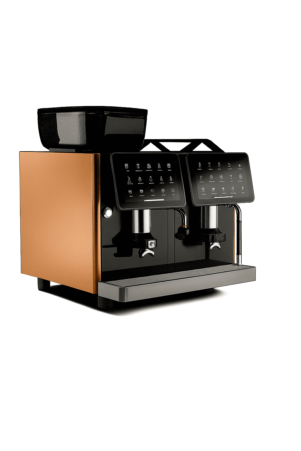 Moderne Kaffeevollautomat mit zwei Touchscreens und kupferfarbener Seitenverkleidung