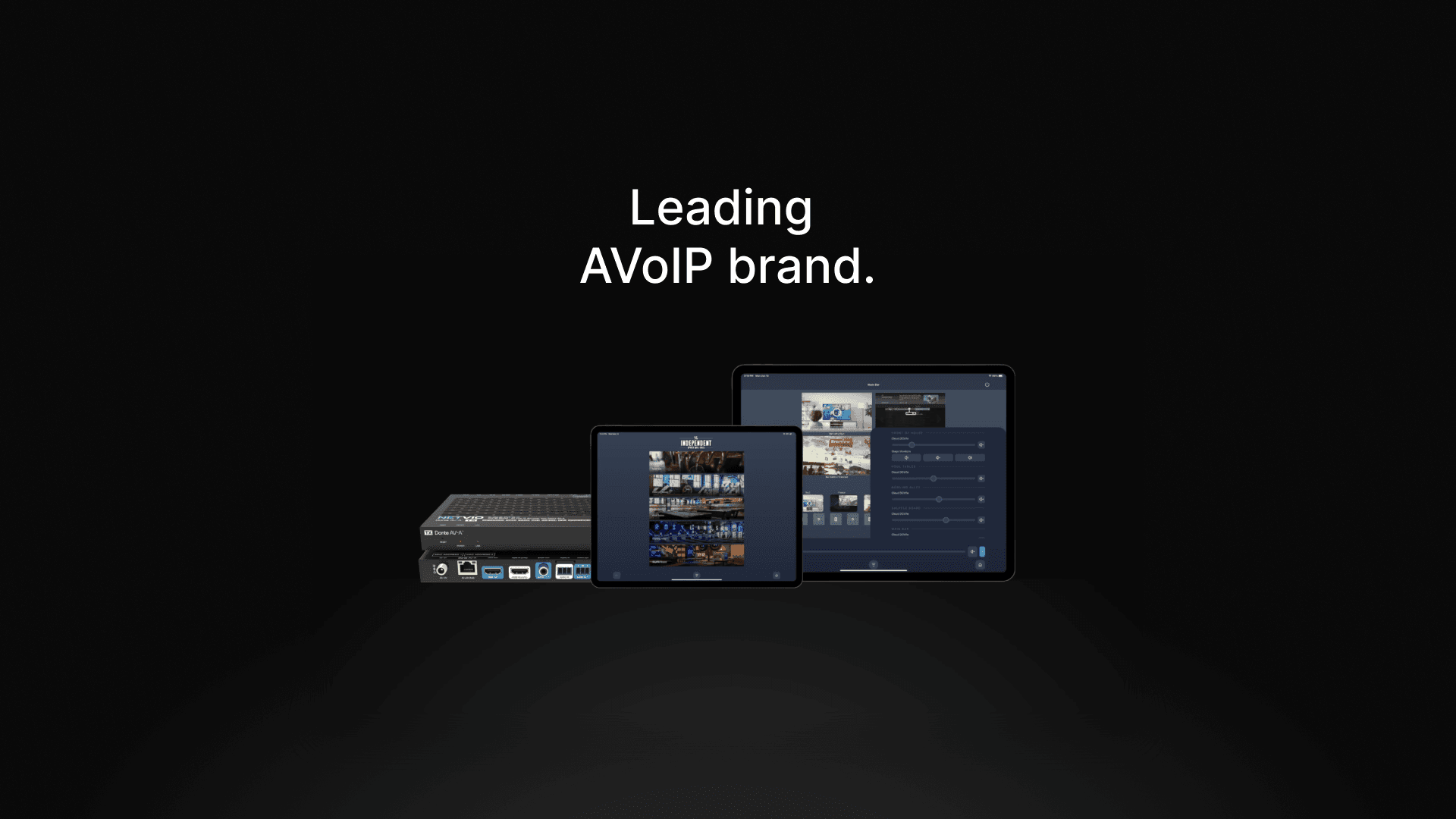 AV over IP hardware and tablets showing software controls.