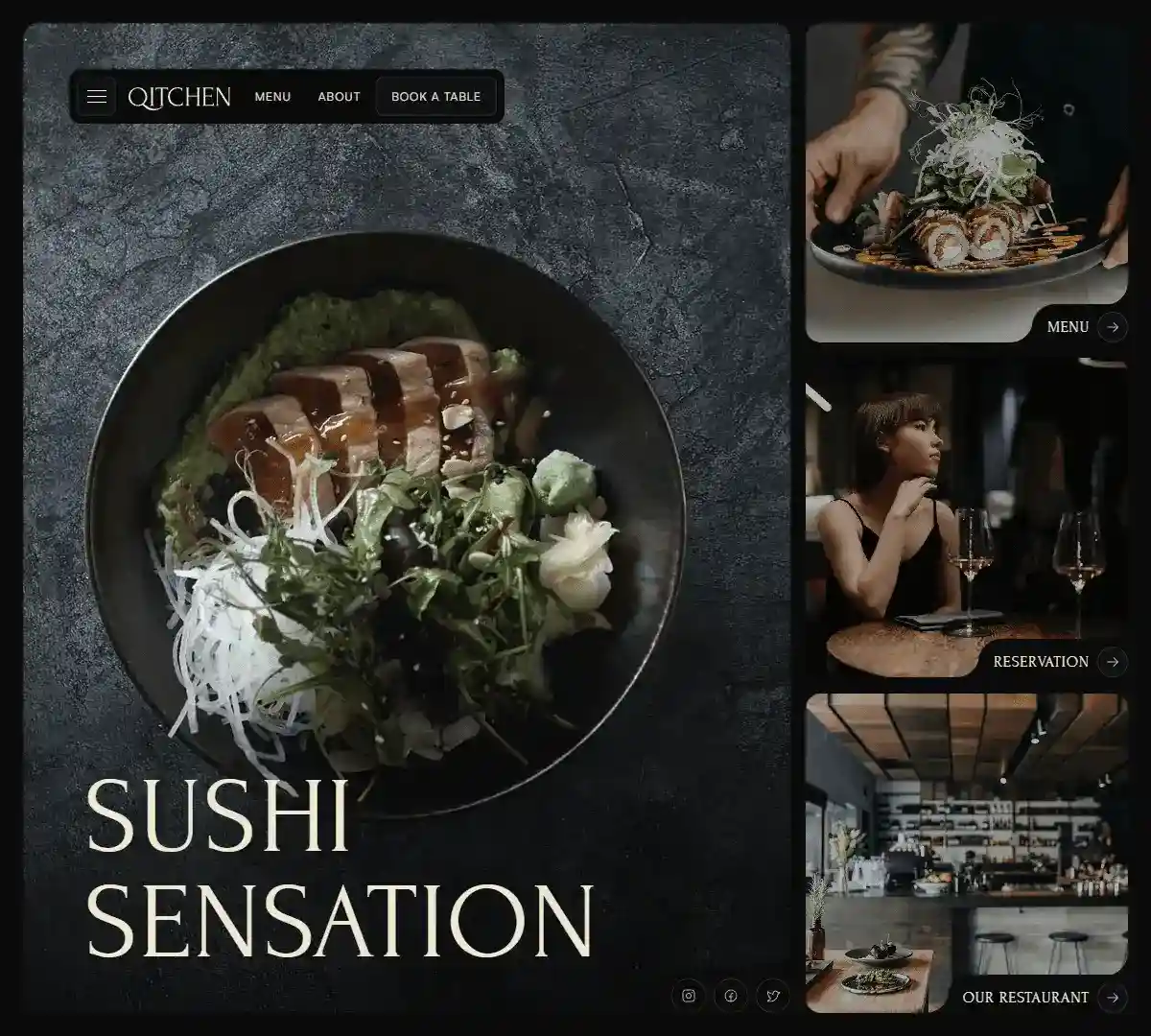 Site web de restaurant élégant sur fond sombre présentant une vue de dessus d'un bol de sashimi de thon.