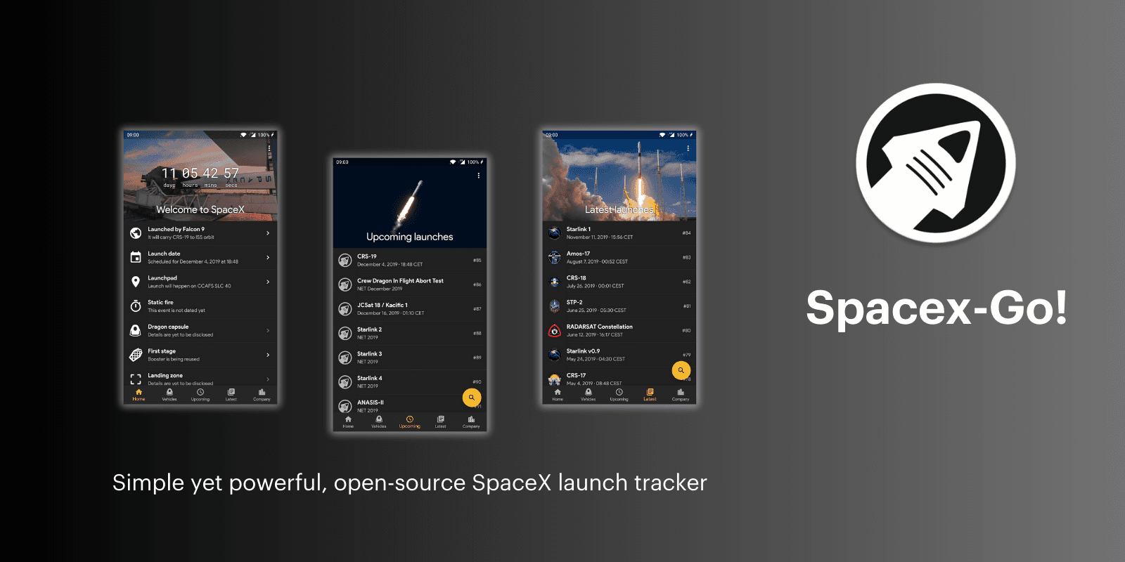 Spacex-Go app displaying SpaceX launch details and mission schedules.