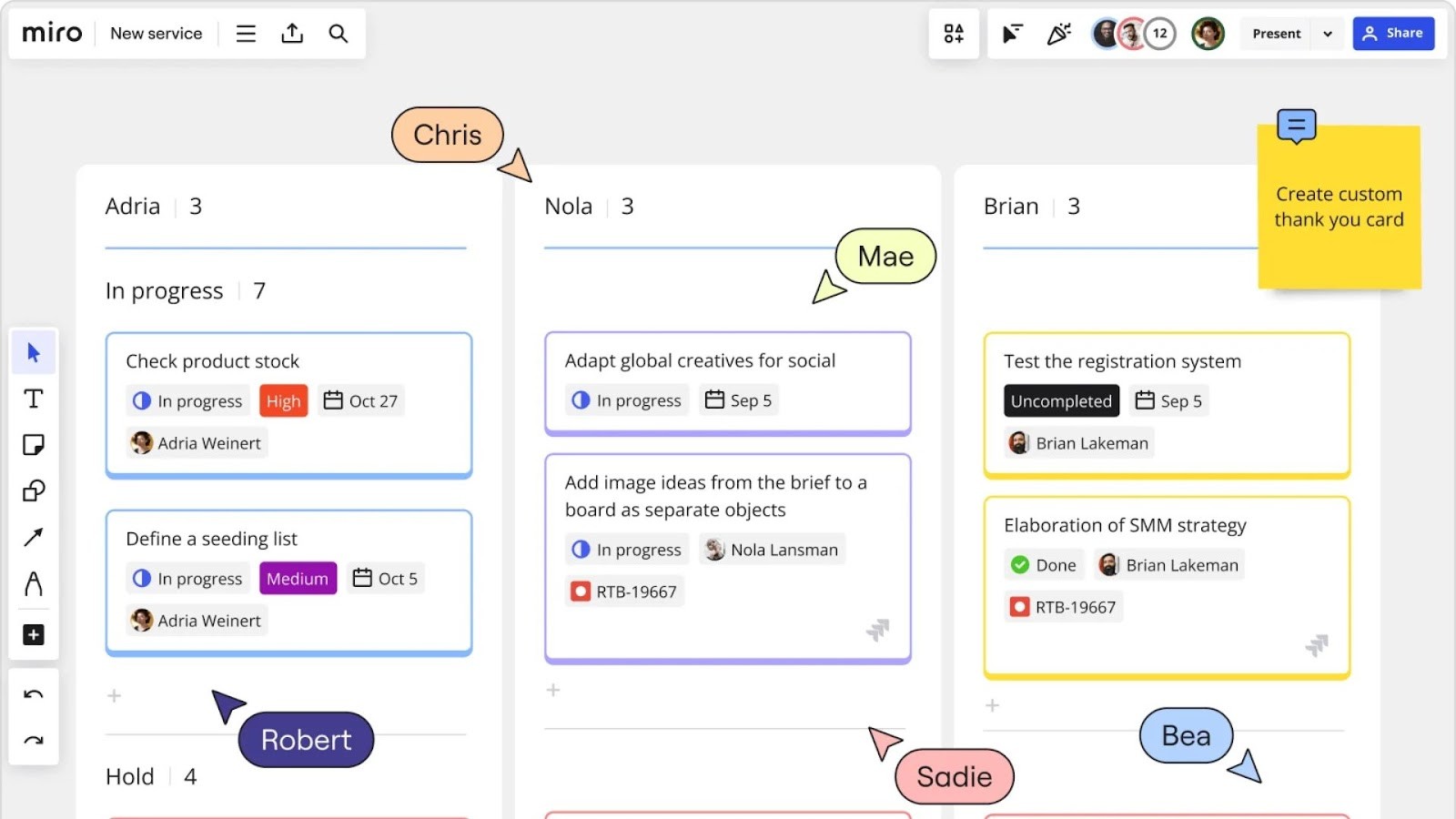 Miro's Kanban board on a collaborative whiteboard