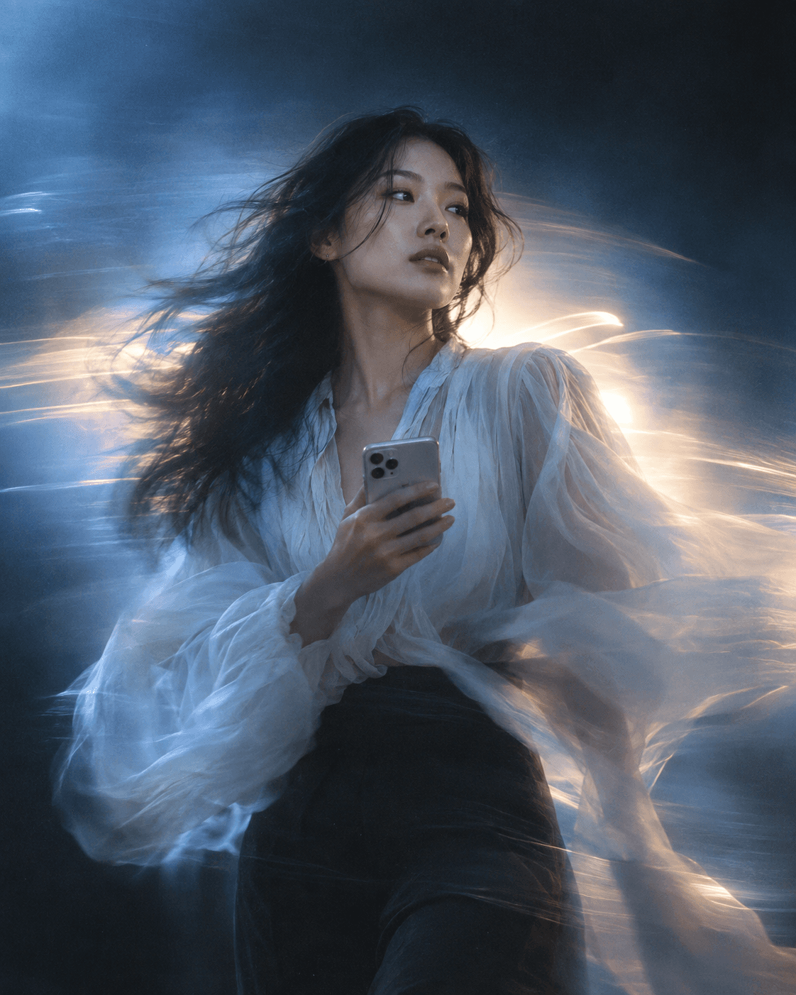 A moment of movement in cool blue light.