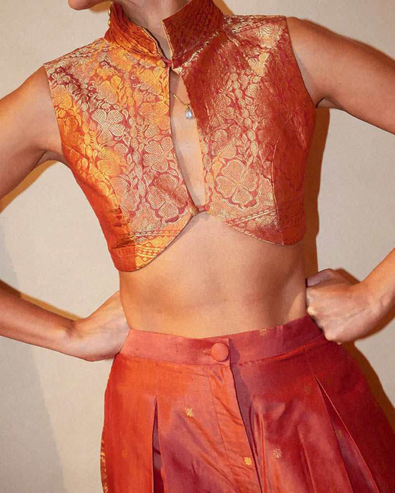TARINI is our one-of-a-kind handcrafted silk waist coat set, made in-house using&nbsp; vintage saree fabric
