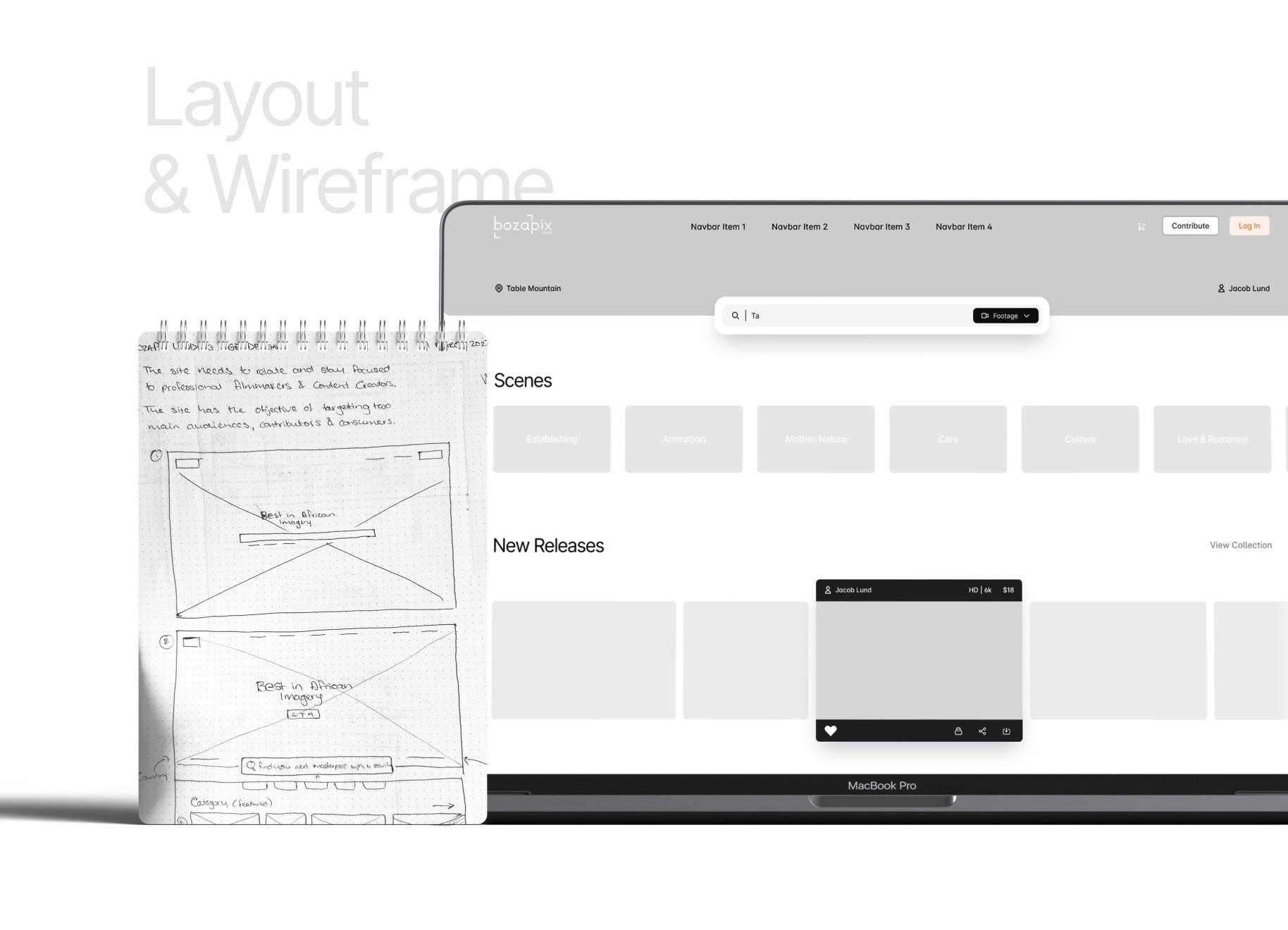 A front view image of a notepad consisting of the Bozapix wireframe for the website and a low fidelity mockup of that wireframe on a MacBook next to the notepad