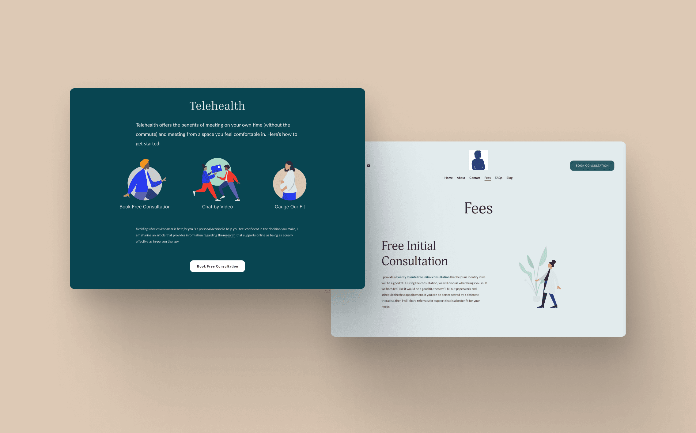 Two webpage mockups: 'Telehealth' with consultation options and 'Fees' with free initial consultation info and navigation links.