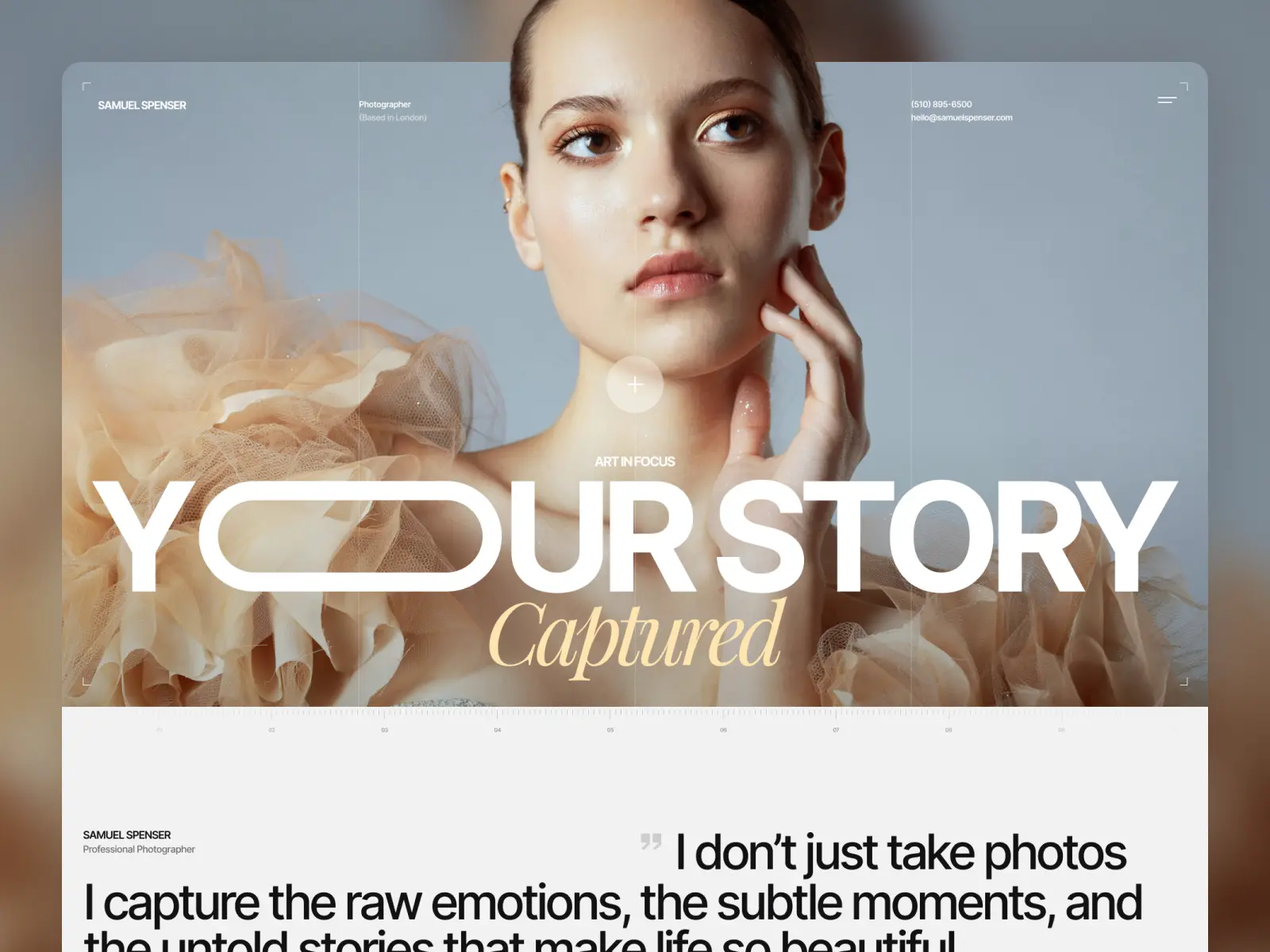 Captured photography portfolio Framer template with an editorial hero layout featuring a large fashion portrait and bold typography.