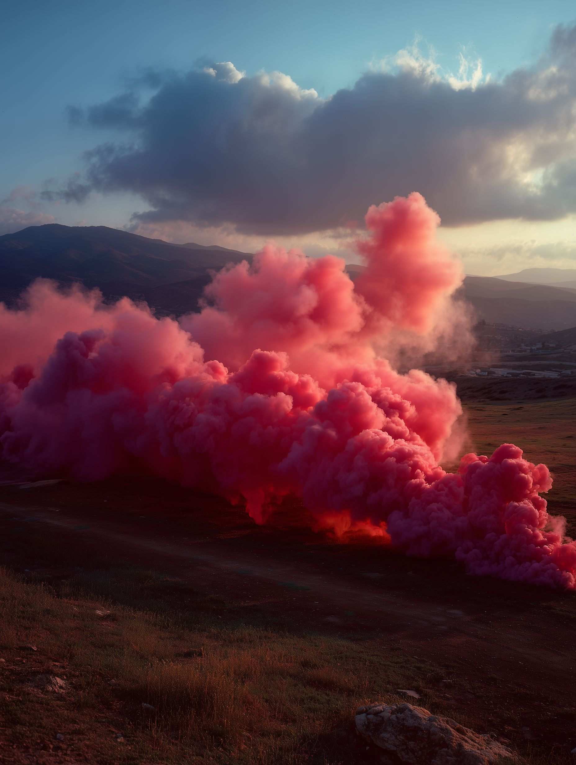 Pink-red smoke clouds with misty mountains in background