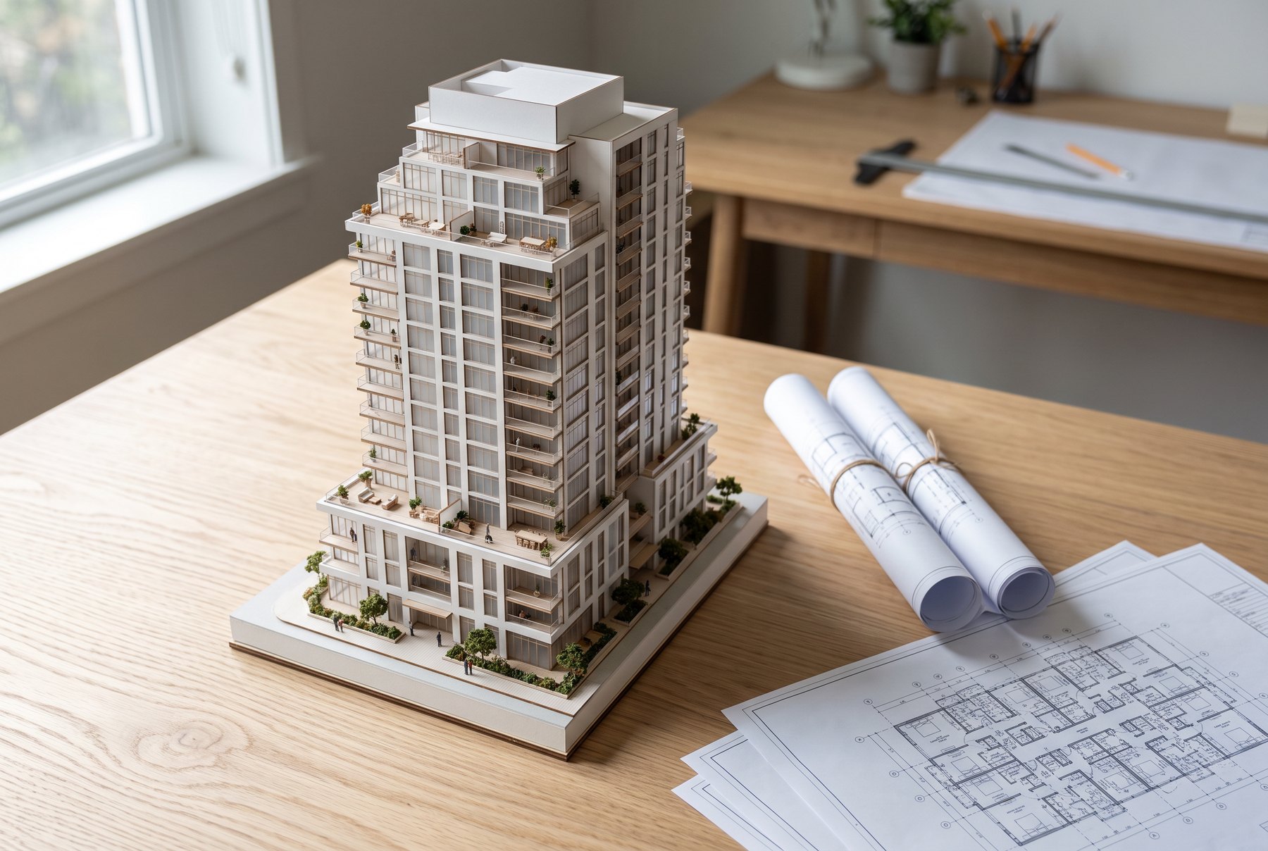 An architect's model of a residential tower beside rolled drawings on a desk