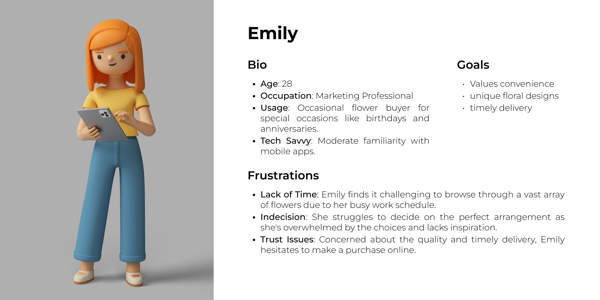 A user persona profile for Emily, a 28 year old marketing professional, detailing her goals, frustrations, and occasional flower buying habits.