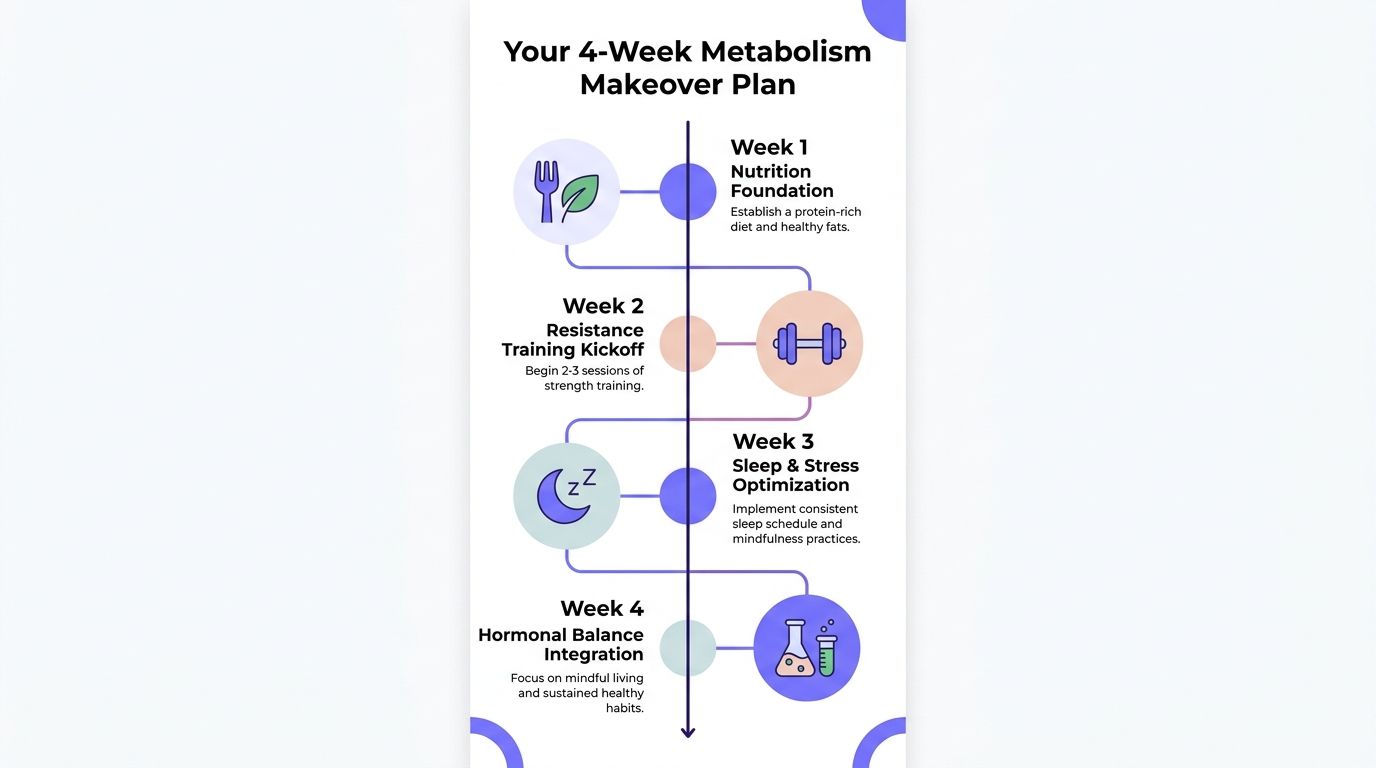 An infographic titled Your 4-Week Metabolism Makeover Plan, outlining weekly steps for nutrition, training, and wellness.
