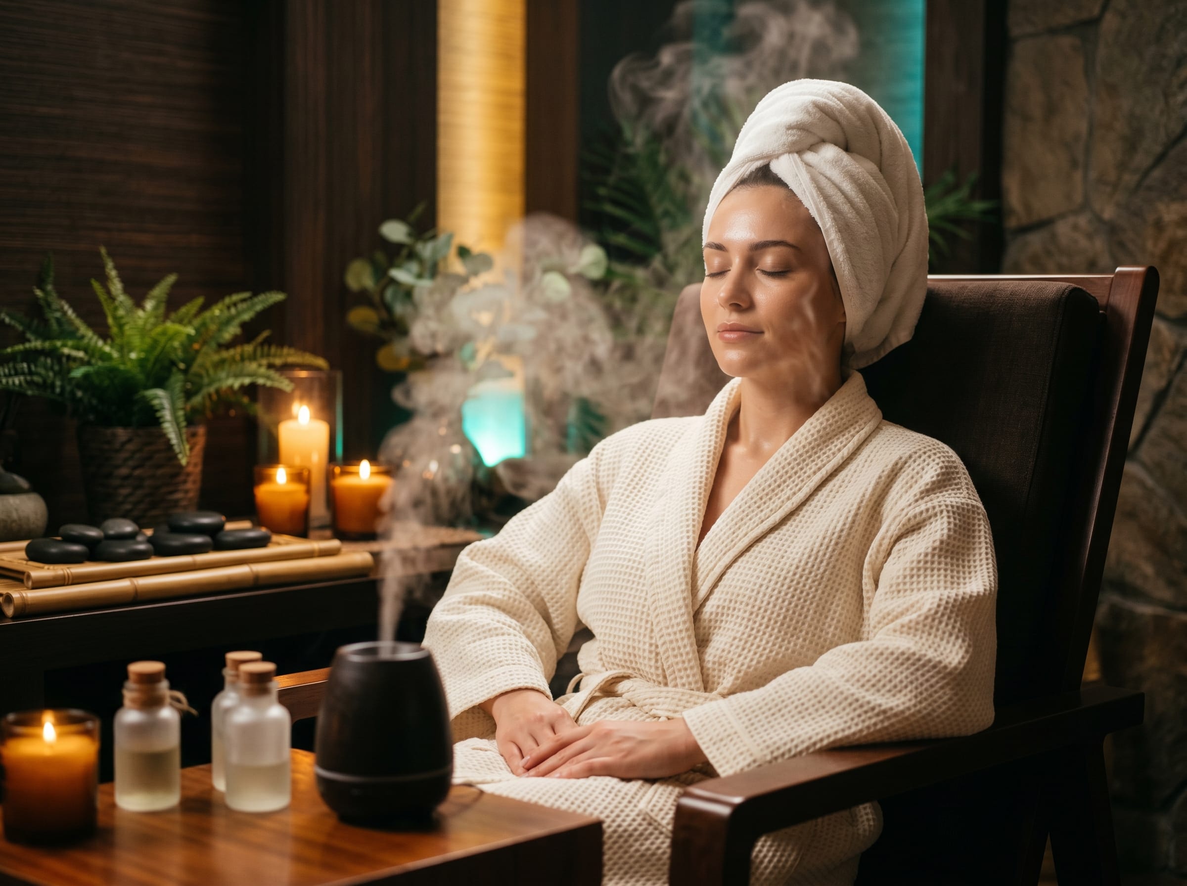 Woman relaxing in spa chair with steam diffuser and candlelight ambiance