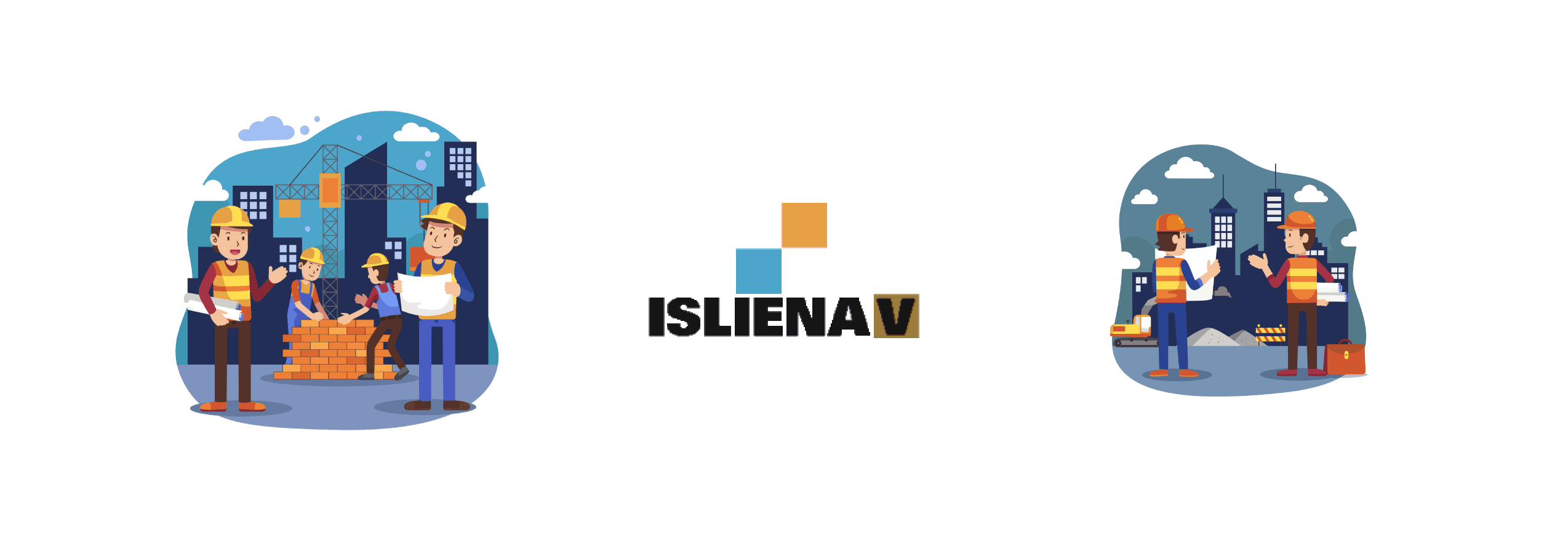 Isliena V construction supervision and project management company logo with infrastructure project illustrations