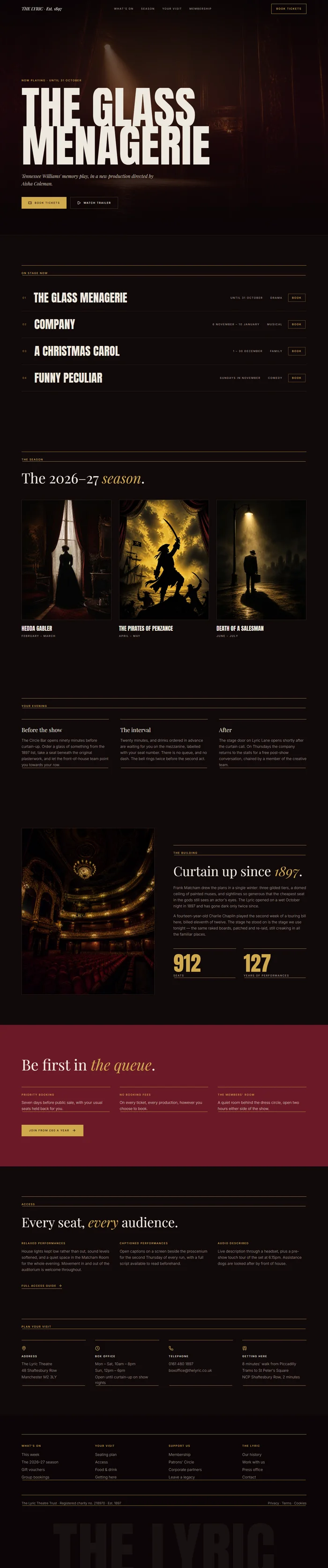Full page of an AI-generated theater website with spotlight hero, productions list, season posters, evening guide and membership