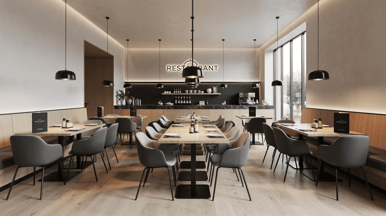The image depicts a completed modern restaurant interior featuring clean finishes, stylish pendant lighting, and branded elements that create a welcoming atmosphere. This design reflects the successful project management and attention to detail required in the construction industry, essential for aspiring contractors looking to excel in their own business.