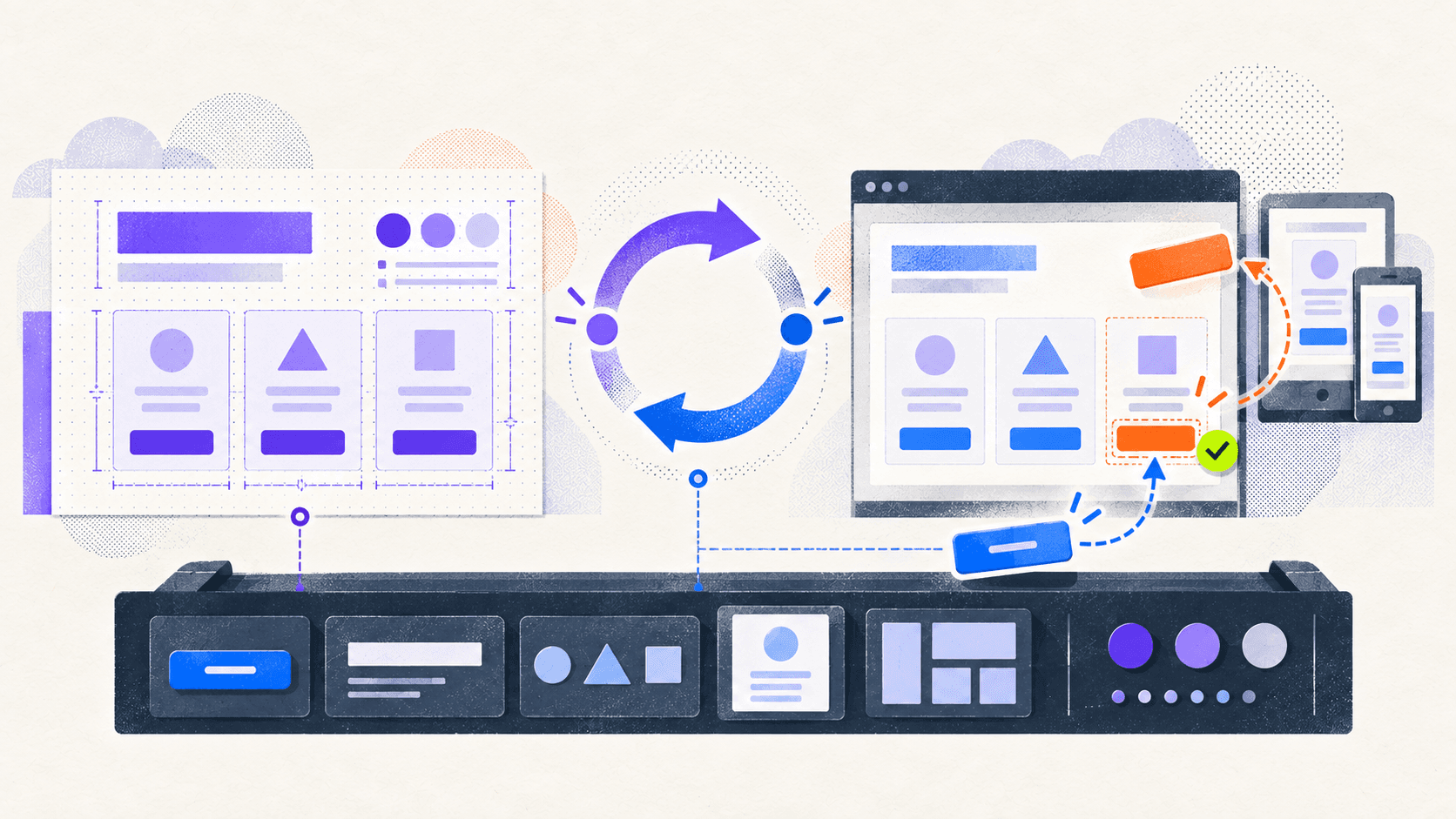 Reference design and coded component connected by a calibration loop with reusable components and responsive viewport checks.