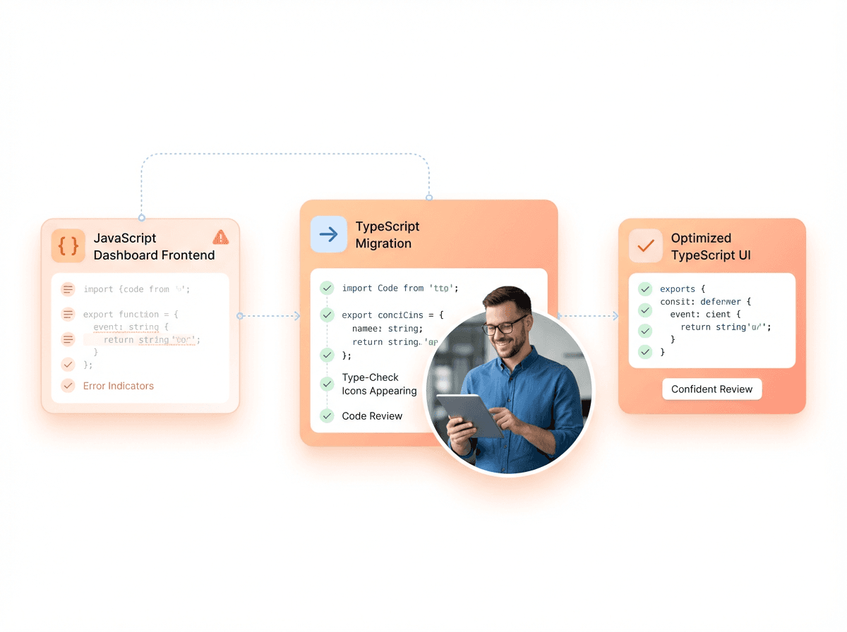 Developer reviewing a modern frontend dashboard as JavaScript errors disappear and TypeScript type checks appear, illustrating a smooth and reliable TypeScript migration for SaaS applications.
