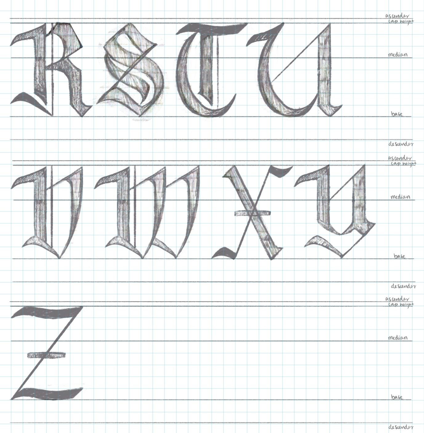 Refined sketches of uppercase blackletter letters