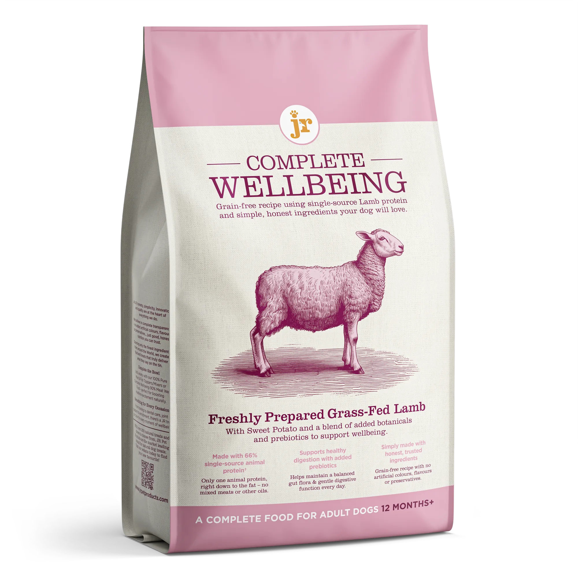 3D packshot of JR Complete Wellbeing dog food pouch, freshly prepared grass-fed lamb, with sheep illustration