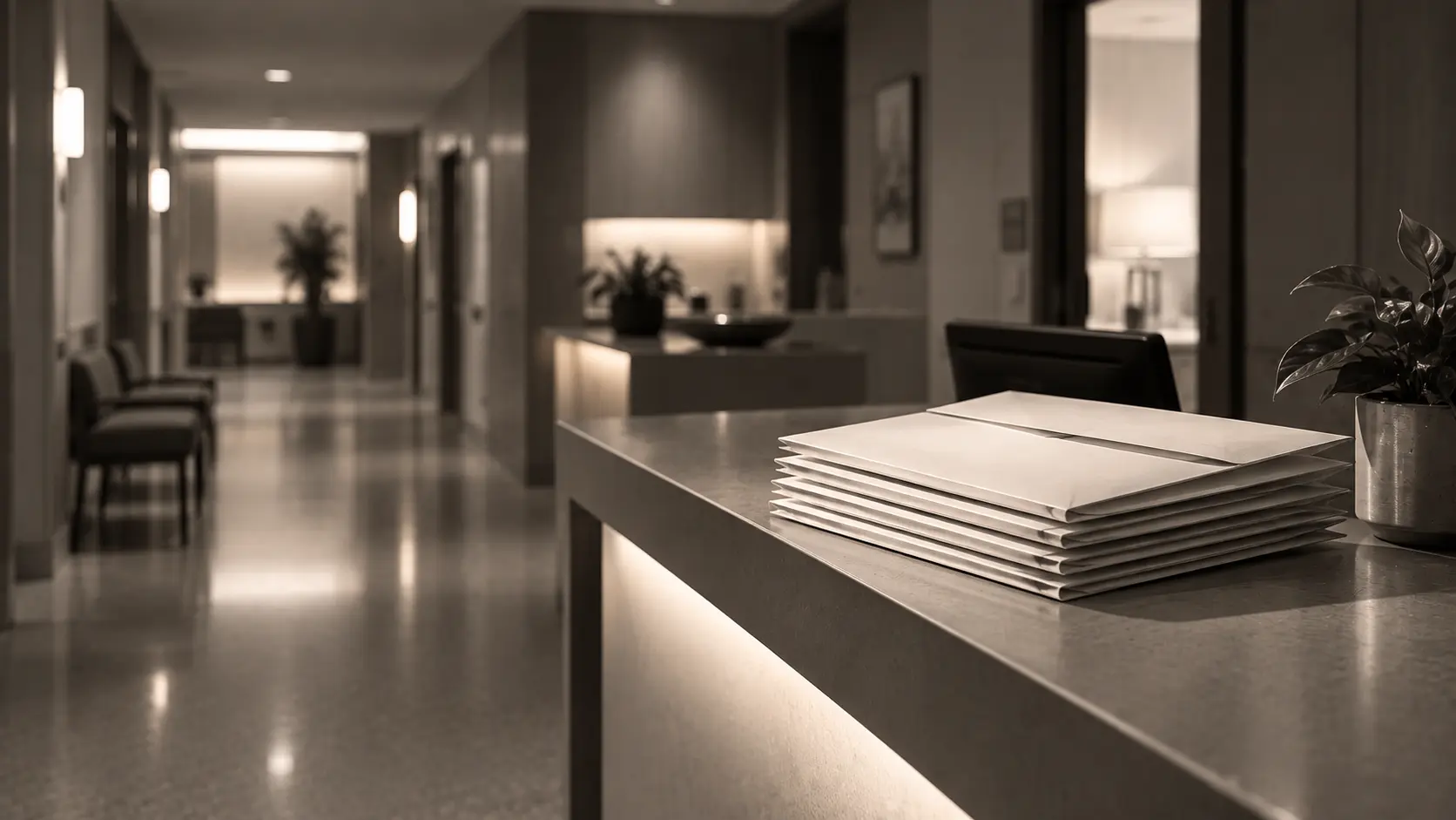 A quiet clinic reception at dusk with a stack of sealed envelopes on the counter