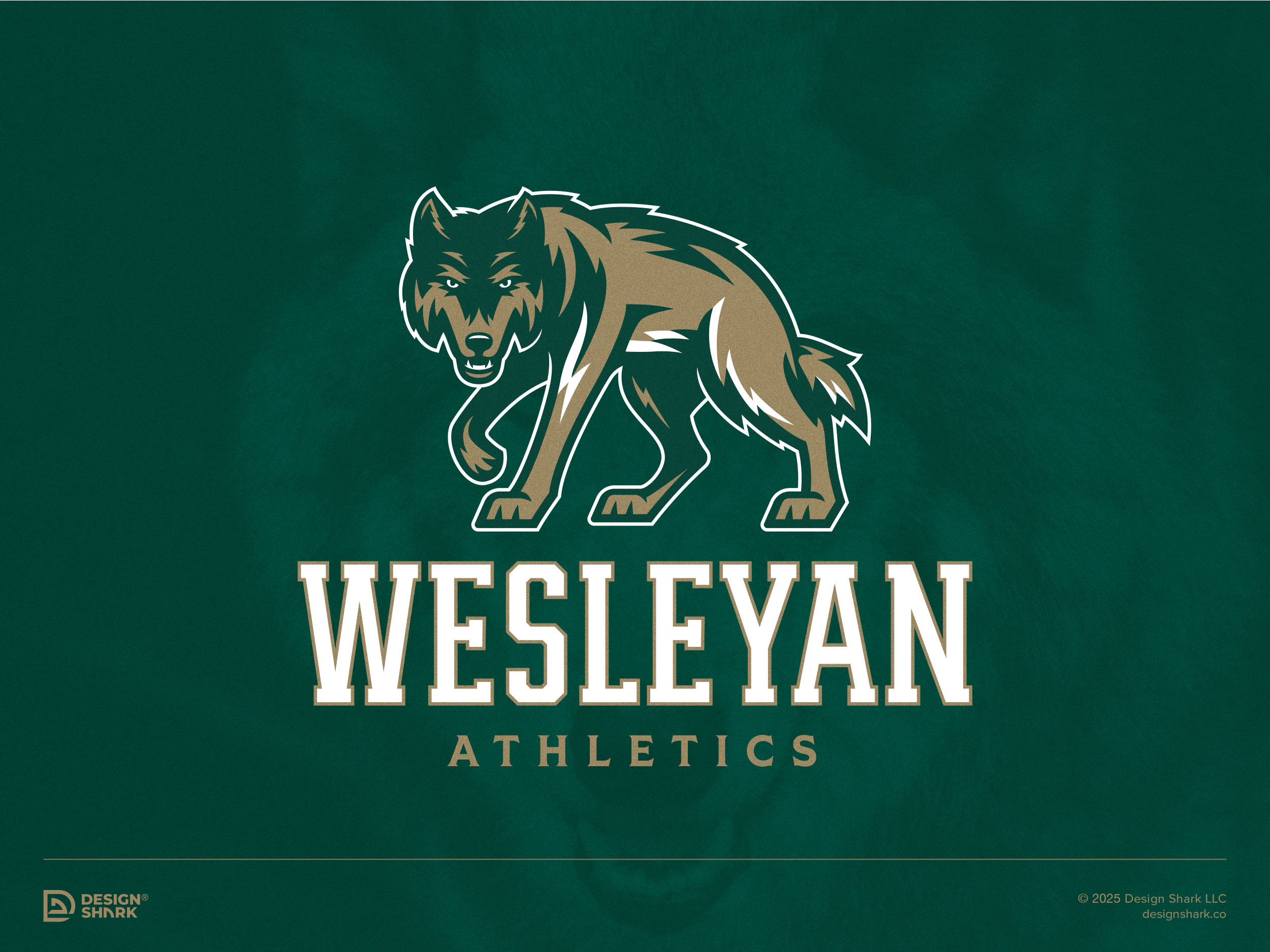 Wesleyan Wolves full body wolf logo with wordmark on green background.