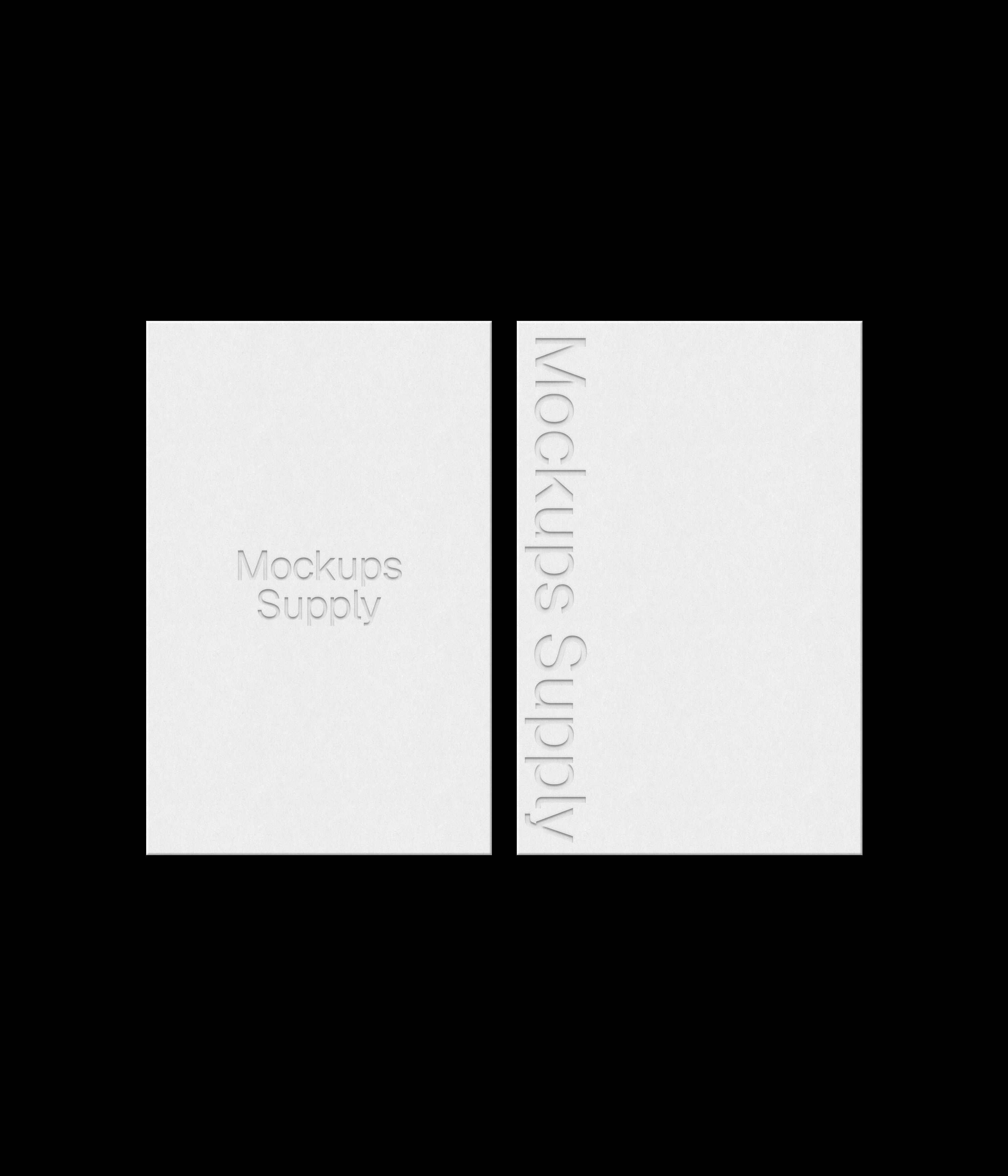 2 European business cards mockup for Photoshop with debossed text effect, white cards on black background, minimal branding and stationery presentation