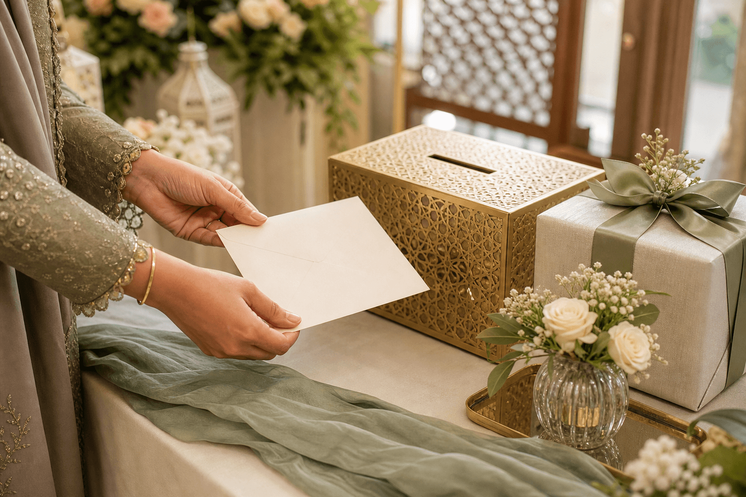 Hands placing a blank cash envelope beside an ornate money box and a wrapped gift at a Muslim wedding walima
