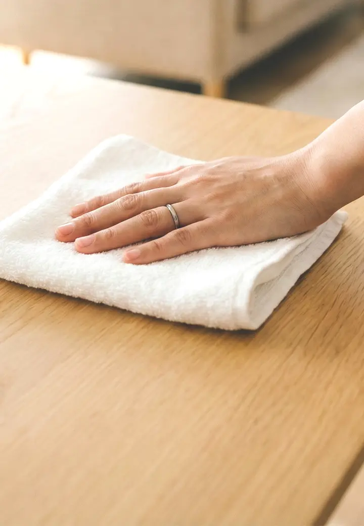 hand with white table wiping cloth