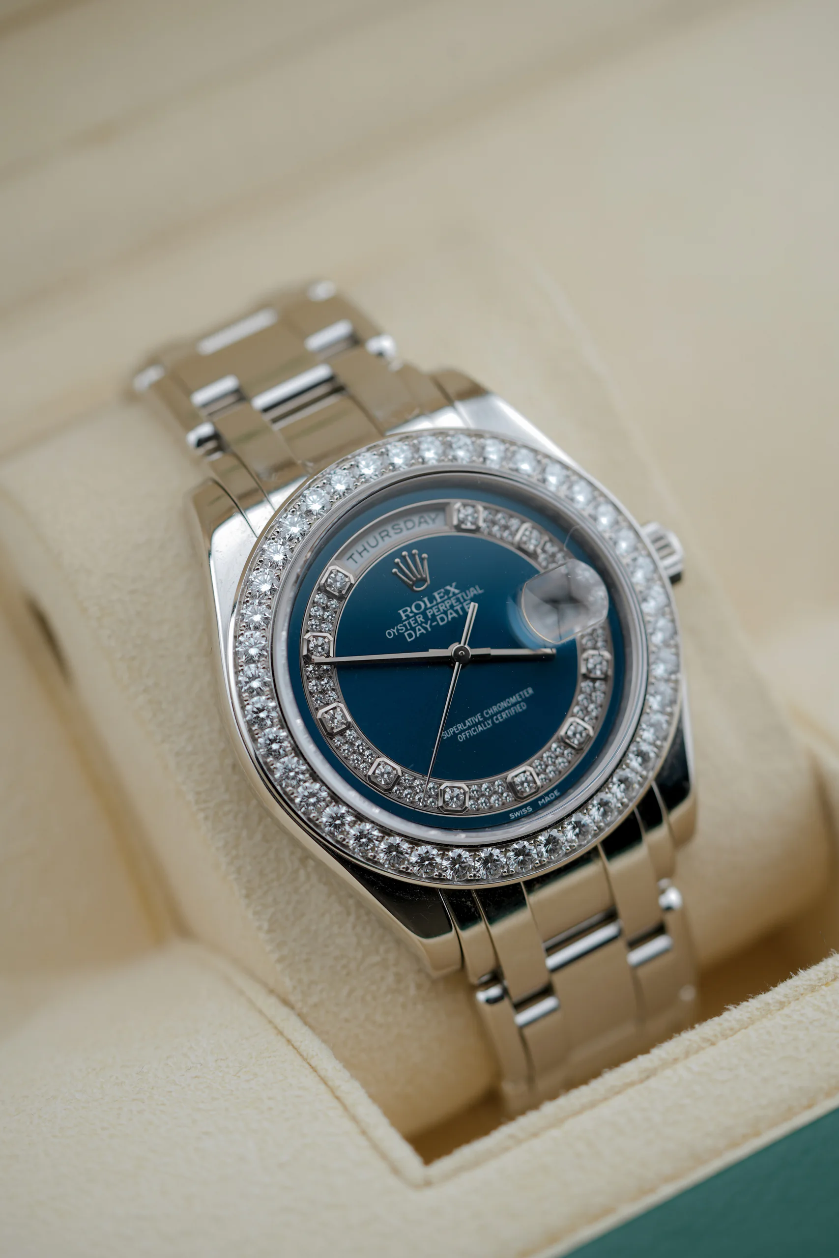 Rolex Masterpiece Platinum Blue Diamond Dial 18946 seen at an angle