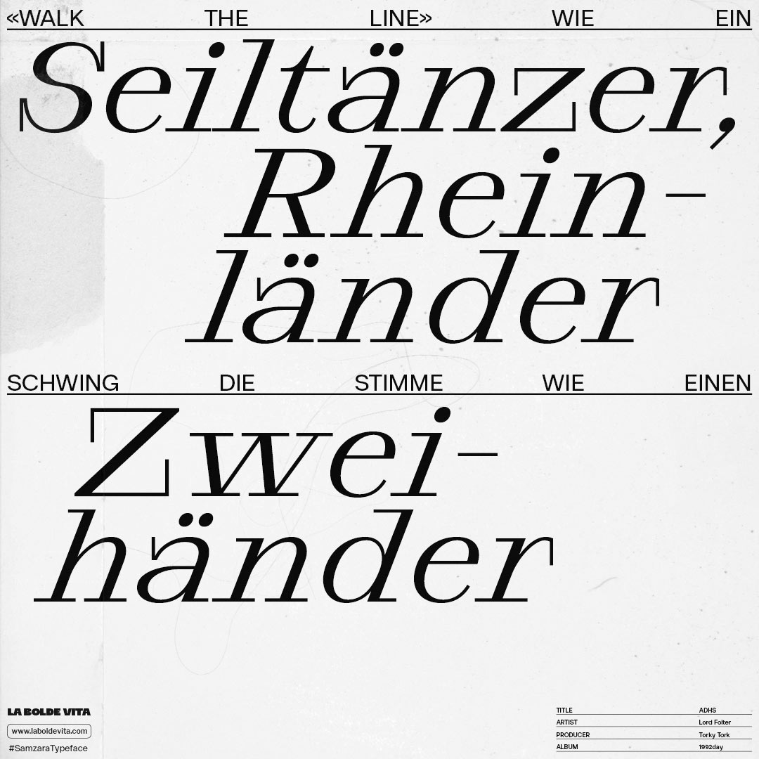 a citation of a german rapper set in Samzara Italic in black on textured background