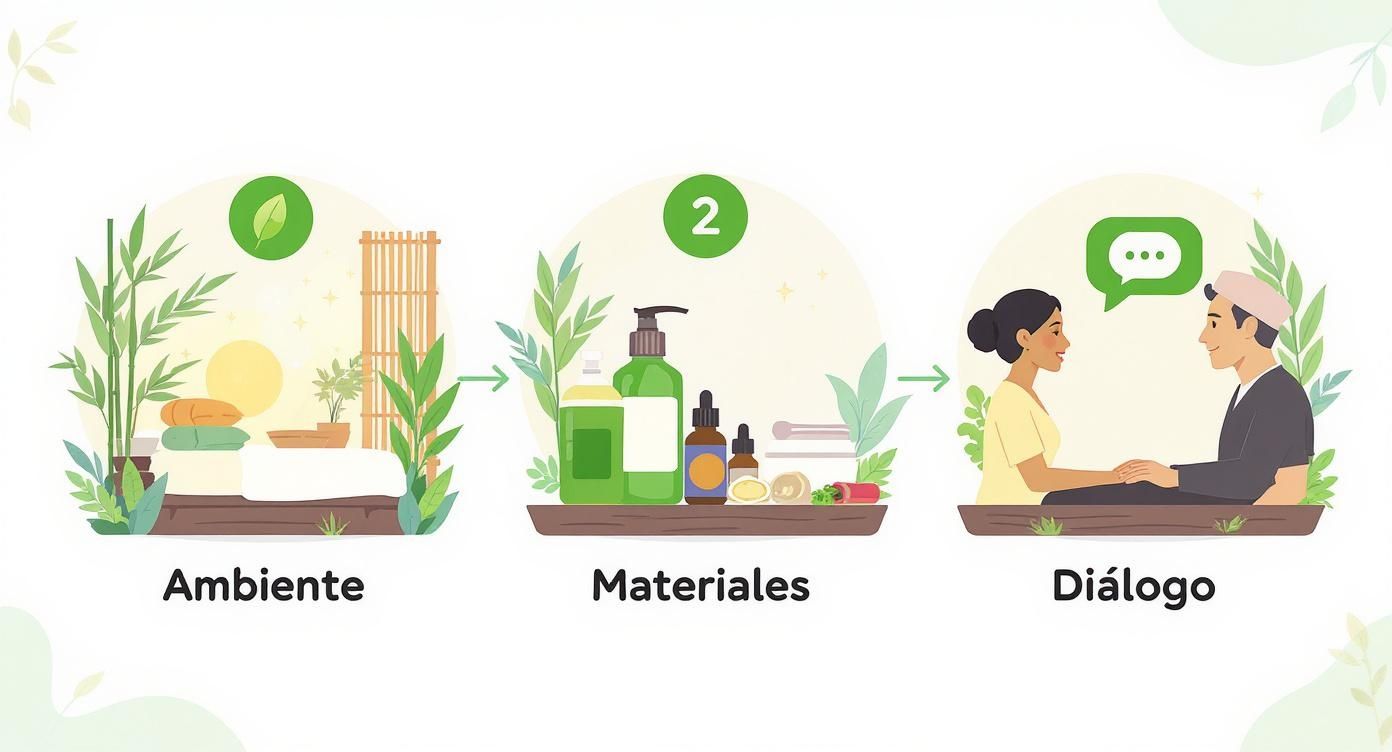 Ilustración de tres etapas del masaje: ambiente relajante con plantas, materiales de aceites naturales y diálogo entre terapeuta y cliente
