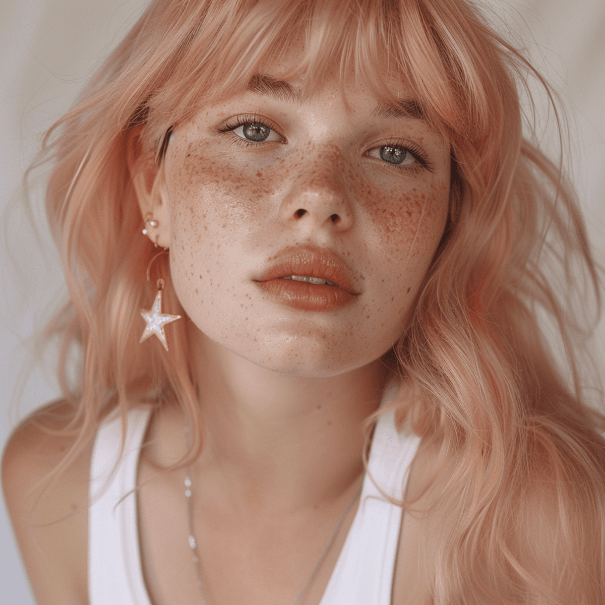 Close-up portrait of a freckled woman with soft pink hair and star earring, natural light, white tank top.