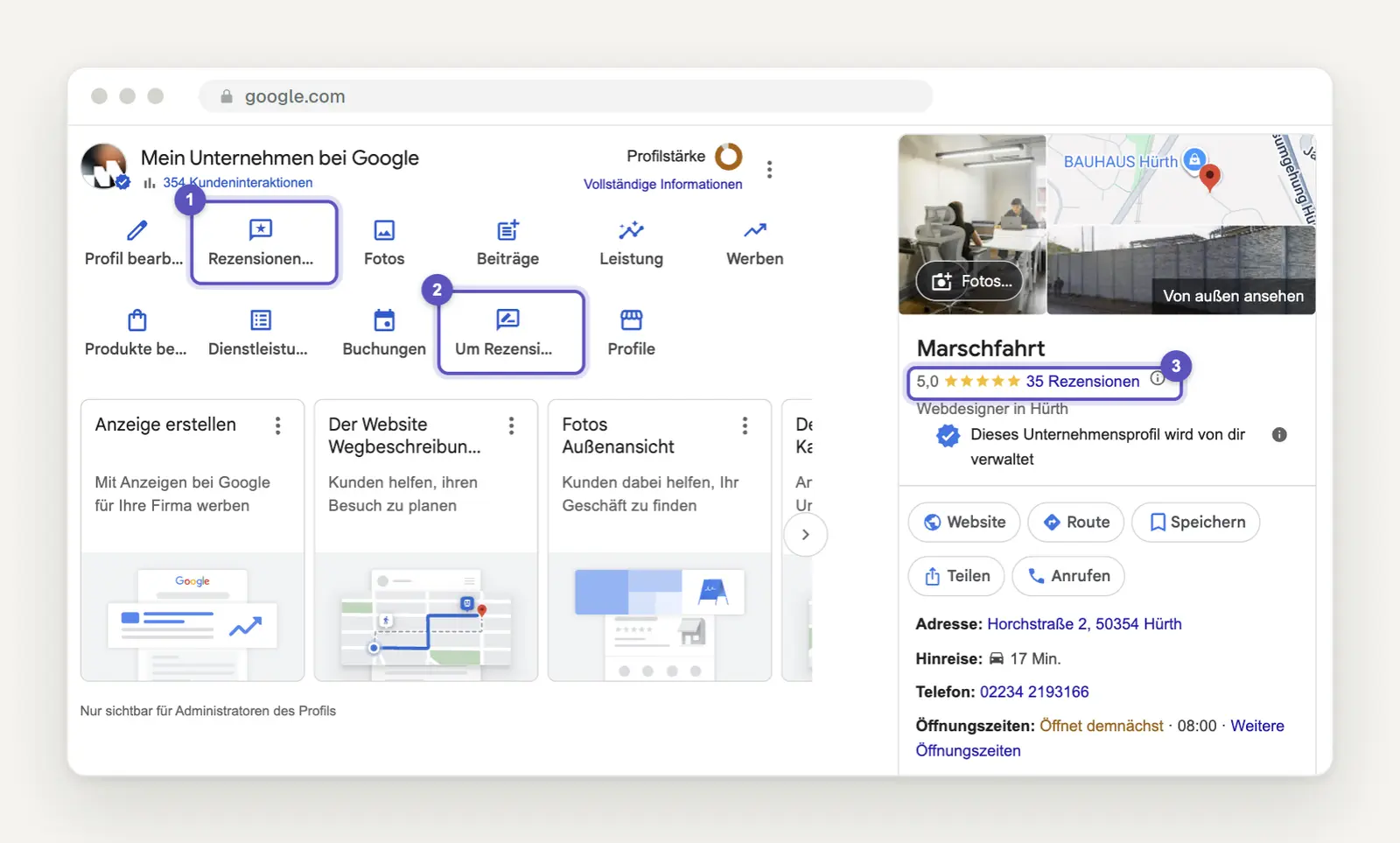 Google-Suche nach Marschfahrt am 30. September 2026, eingeloggt: im Bereich Mein Unternehmen bei Google die Schaltflächen Rezensionen lesen und Um Rezensionen bitten, rechts im Profil 5,0 Sterne bei 35 Rezensionen.