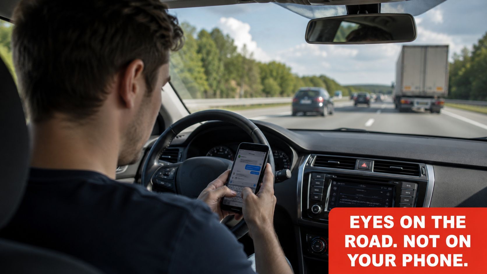 A photo showing the dangers of distracted driving, with a man texting on his phone while behind the wheel.