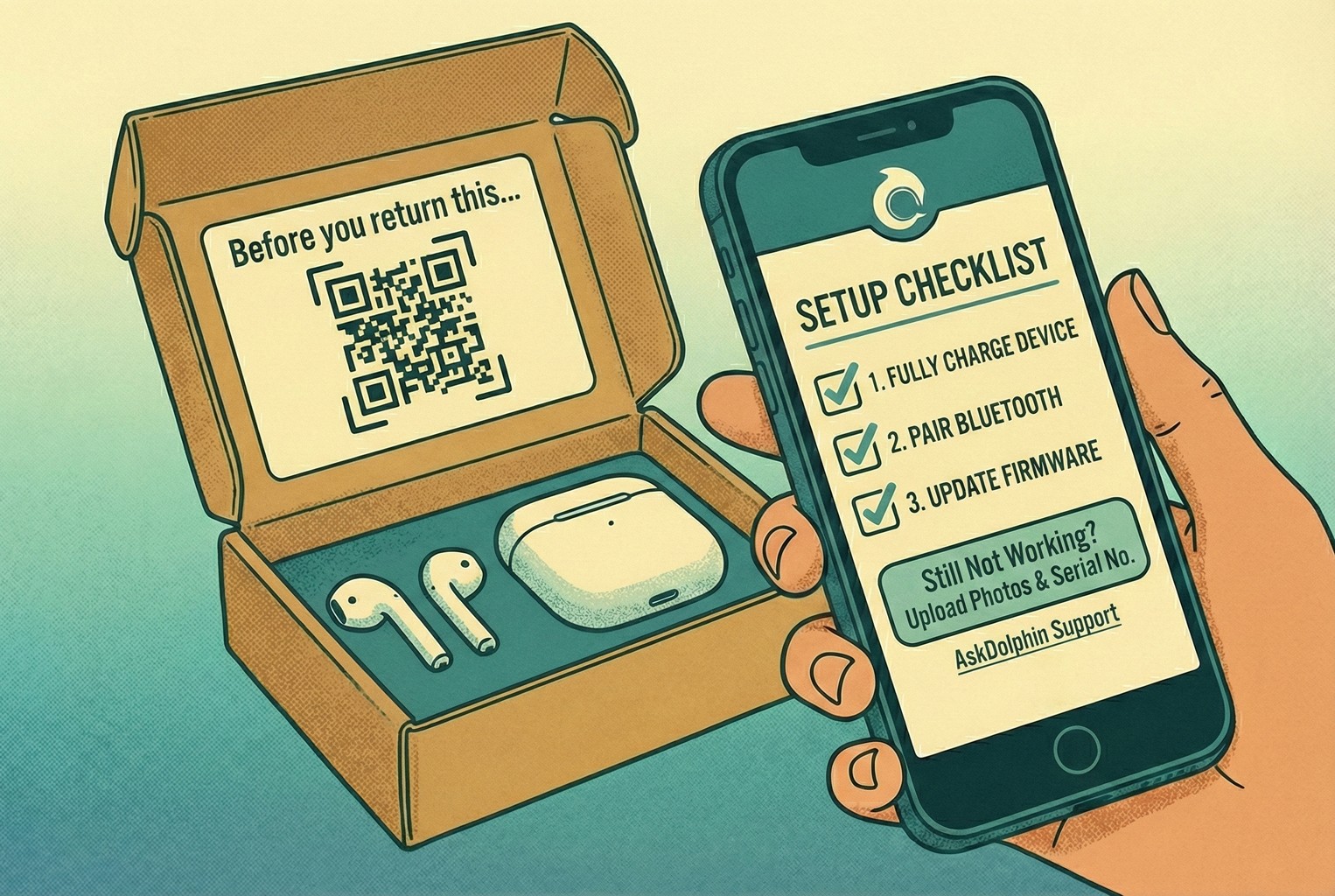 QR code inside electronics packaging linking to a setup checklist and product support flow before starting a return.