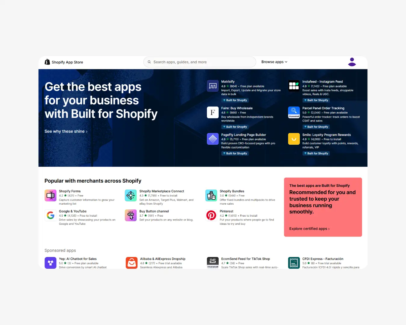 Captura de pantalla de la tienda de aplicaciones de Shopify en 2025