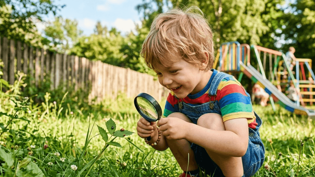 Child exploring nature with a magnifying glass in a sunny outdoor play area