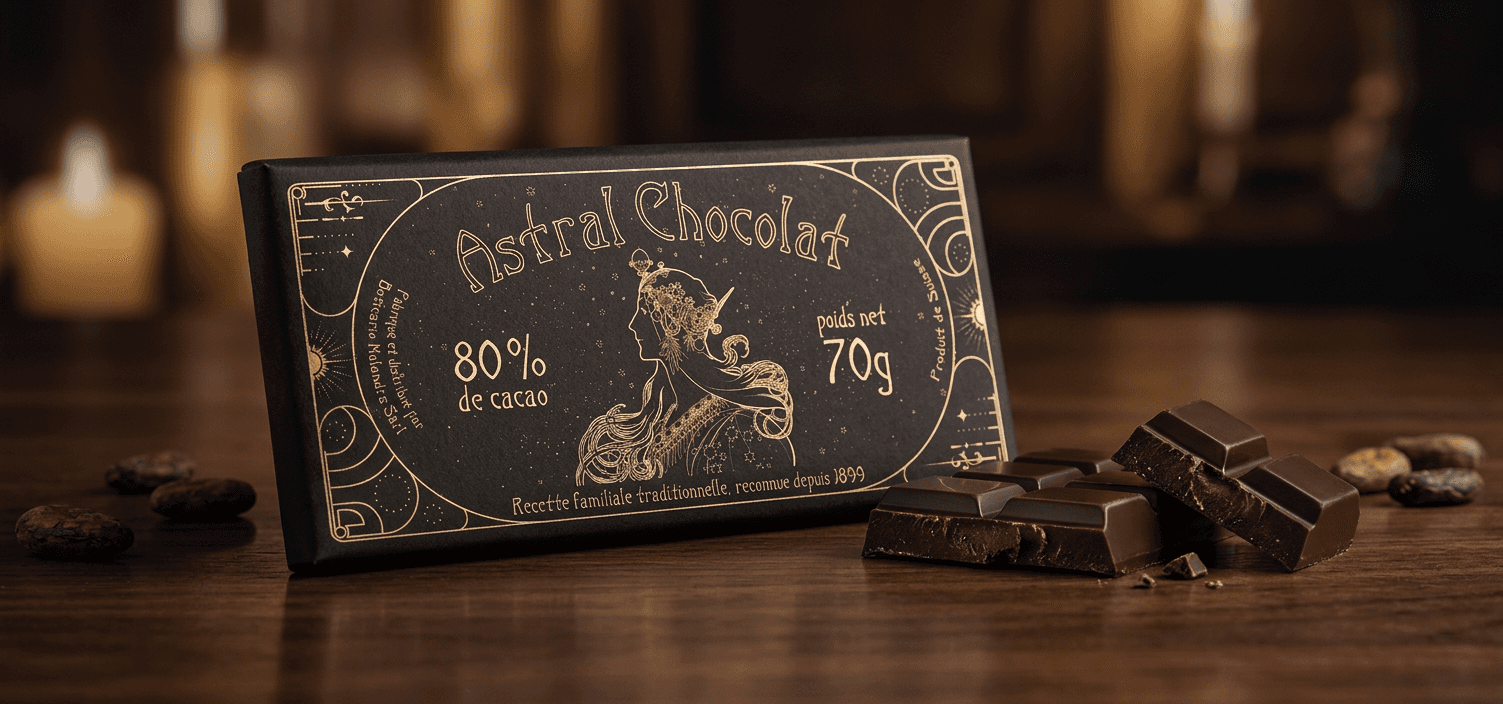 Black Astral Chocolat bar wrapper with gold Art Nouveau linework: a flowing-haired woman framed by celestial motifs, "80% de cacao" and "70g" labels. Dark chocolate pieces and cacao beans on a wooden table beside it.