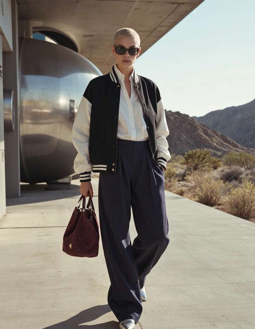 Stylish monochromatic outfit featuring varsity jacket, wide-leg trousers and burgundy bag against desert mountain backdrop