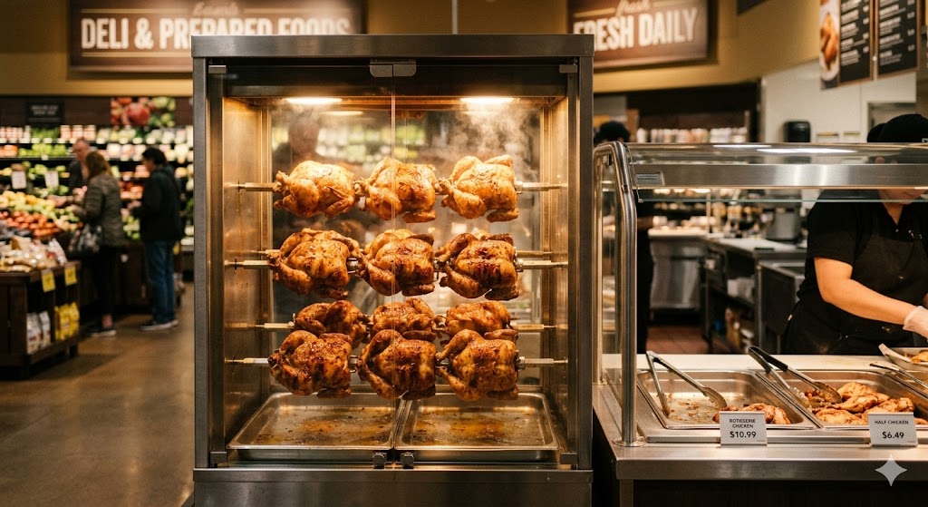 A brightly lit glass display case with golden-brown rotisserie chickens rotating on spits inside a grocery store deli.