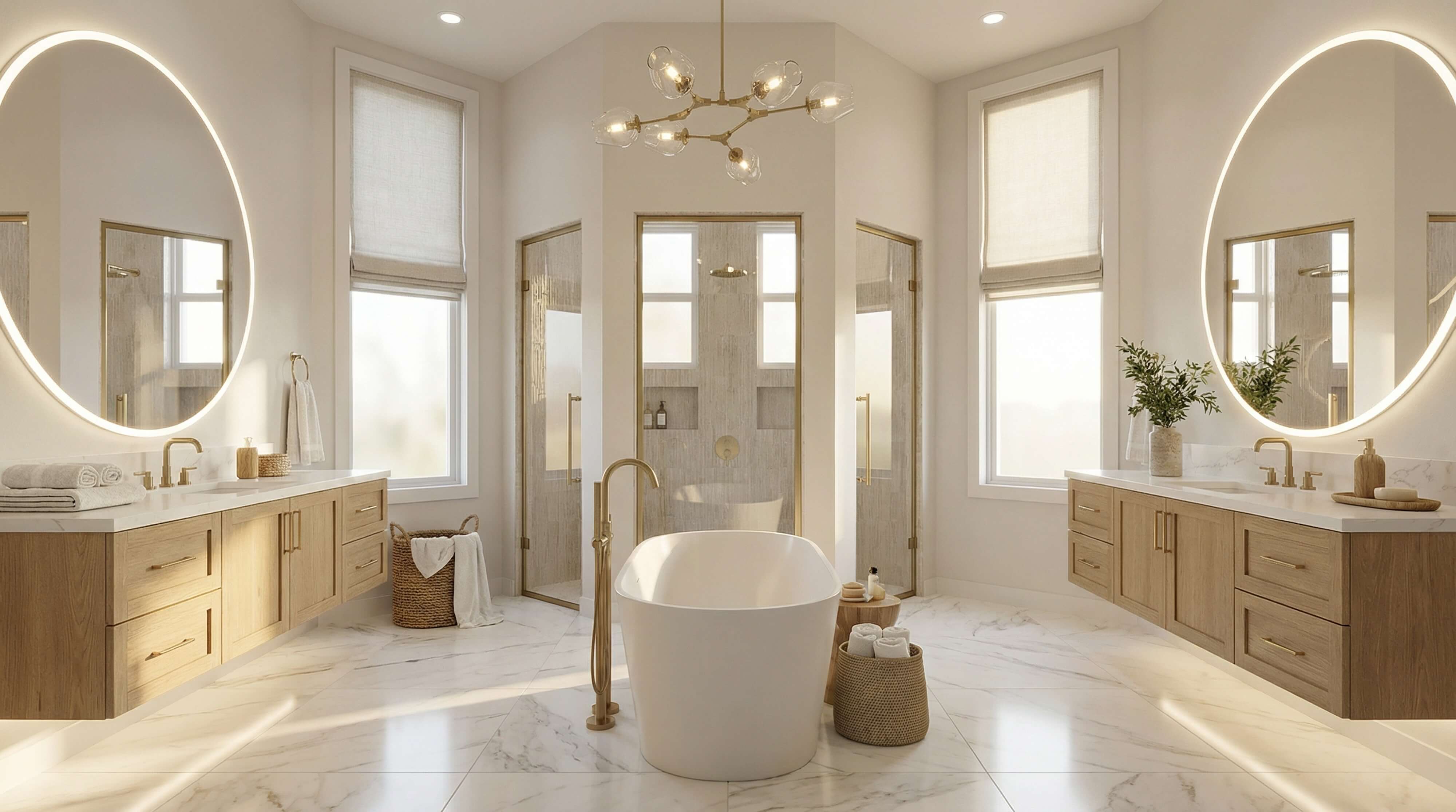 Luxury primary bathroom with freestanding tub, double vanities, round backlit mirrors, natural light, and warm neutral finishes.