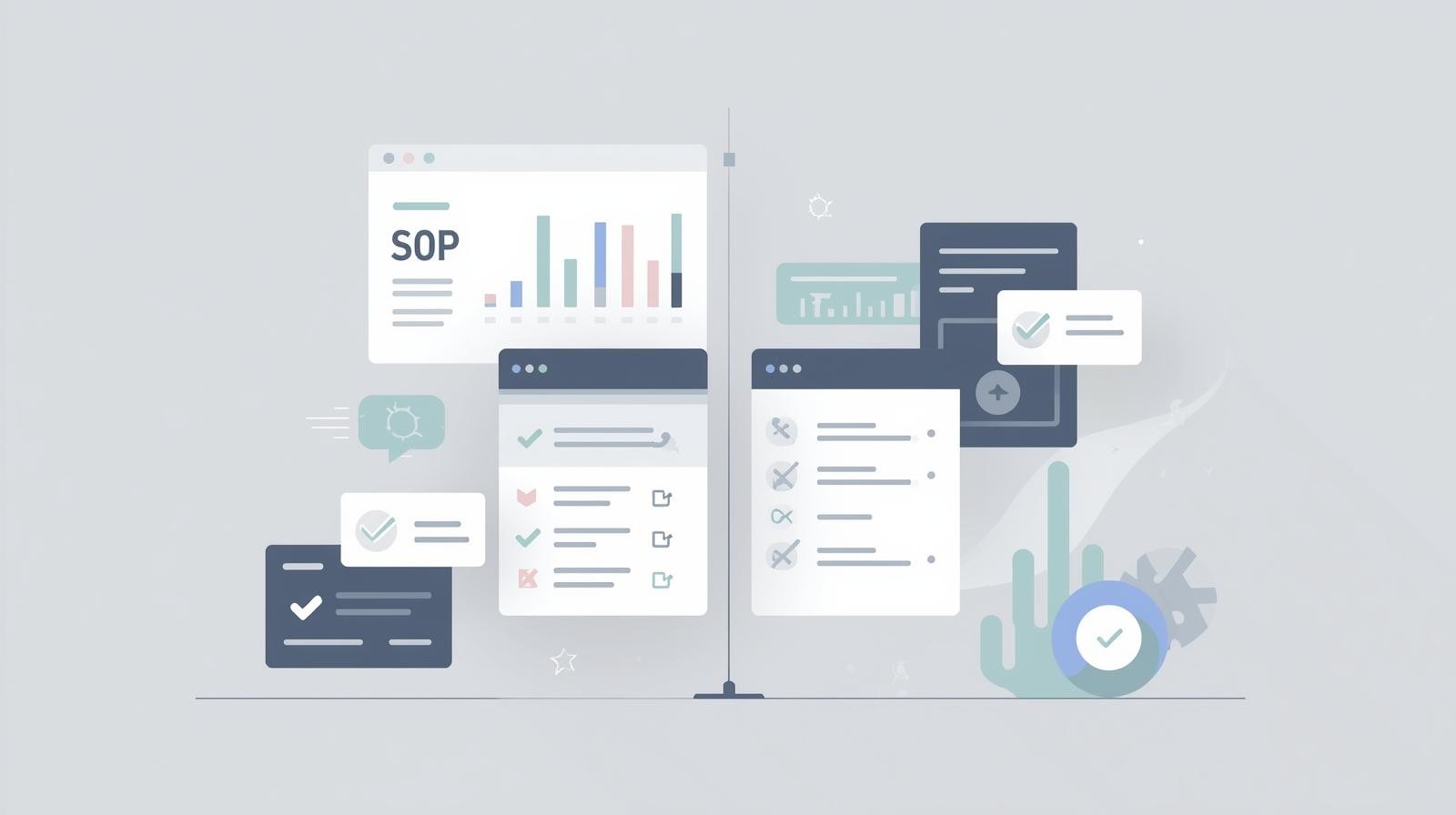 Illustration showing multiple SOP software interfaces and checklists used to compare tools.