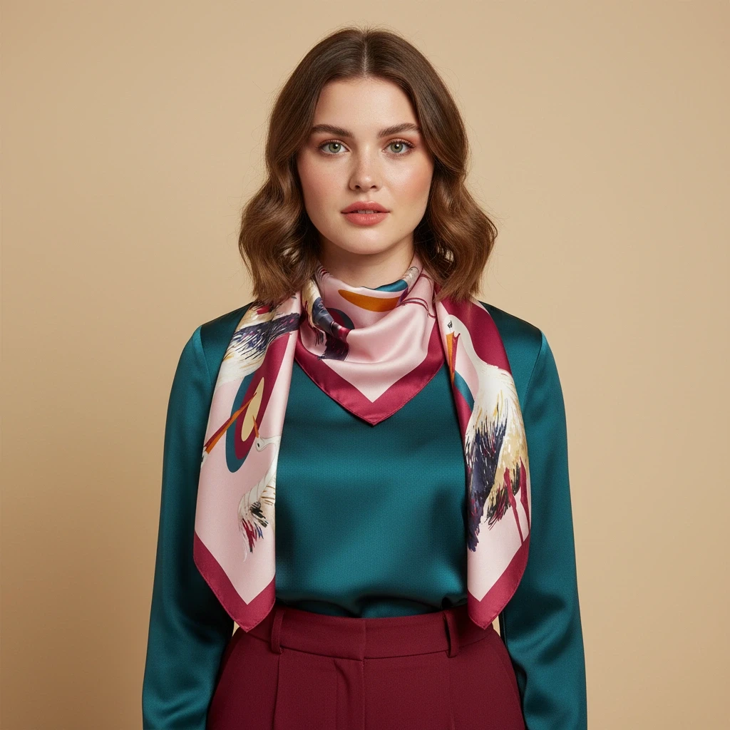 Foulard en soie pour femme – cigogne graphique en vol plumage éclaté blanc et coloré, fond rose aux blocs géométriques